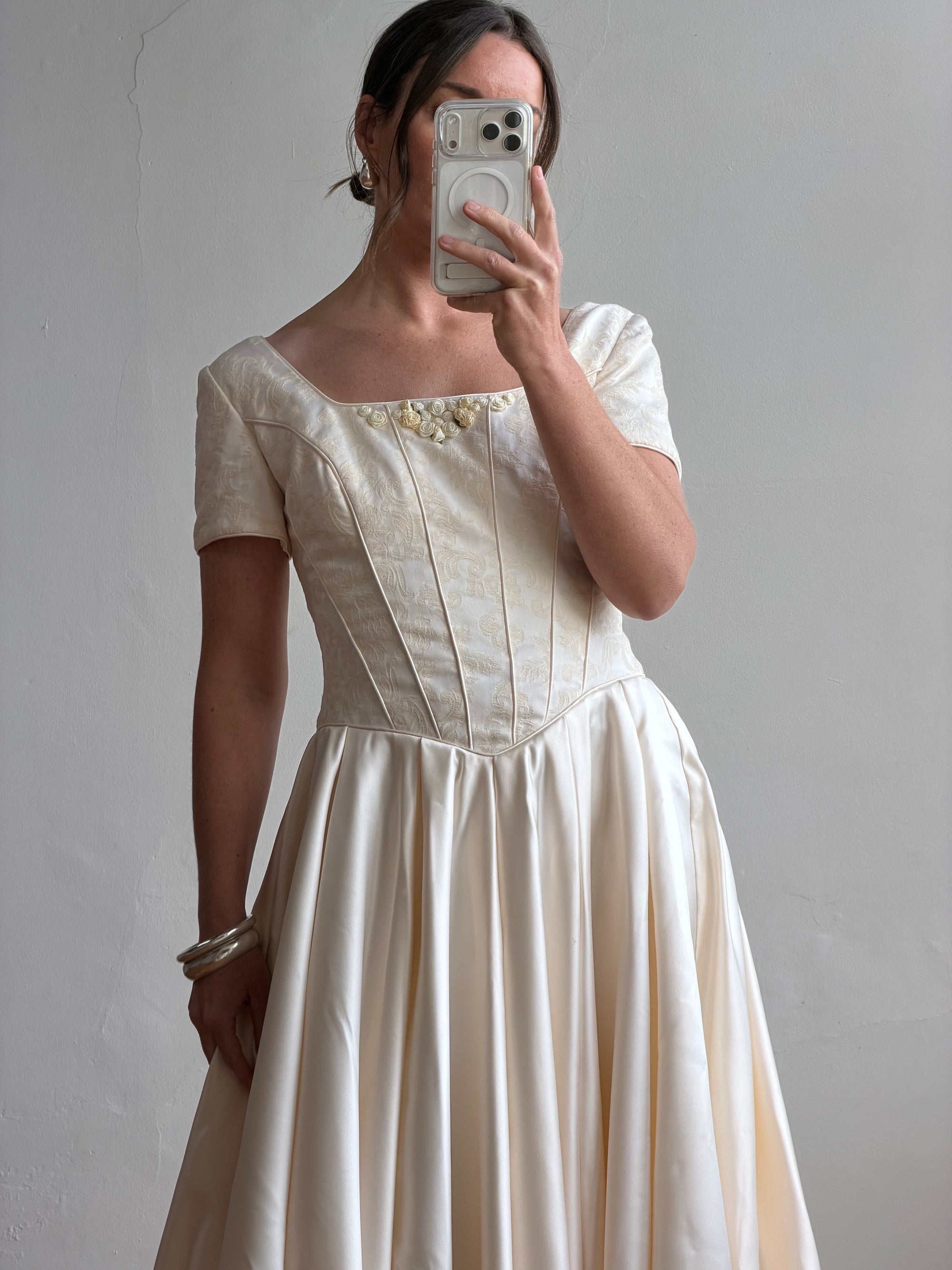 Vintage 90s Corset Satin Bridal Gown with Petite Rosettes