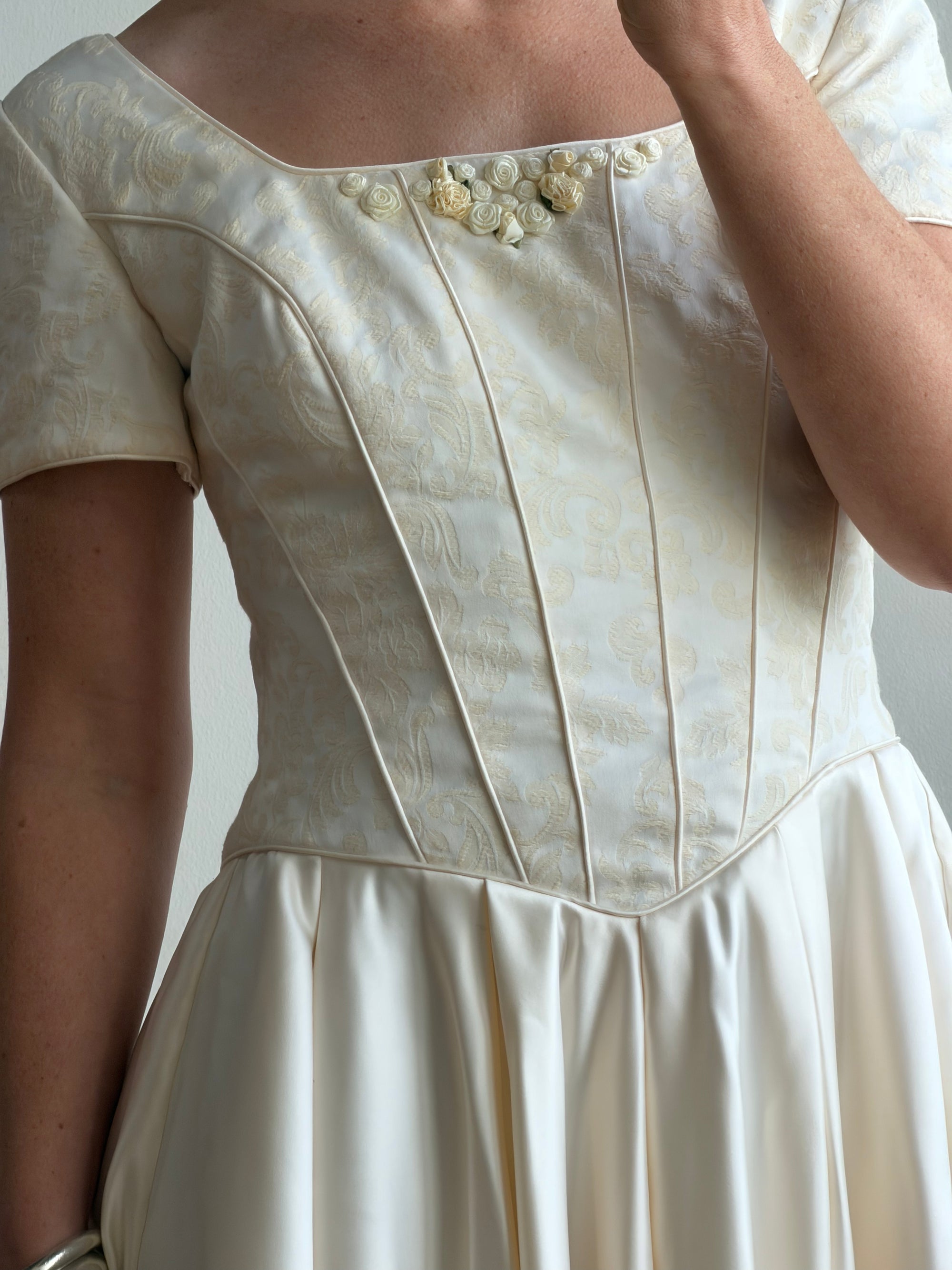 Vintage 90s Corset Satin Bridal Gown with Petite Rosettes