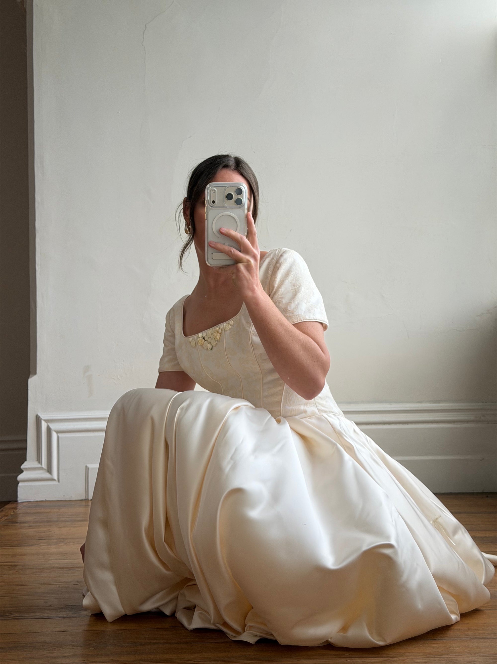 Vintage 90s Corset Satin Bridal Gown with Petite Rosettes
