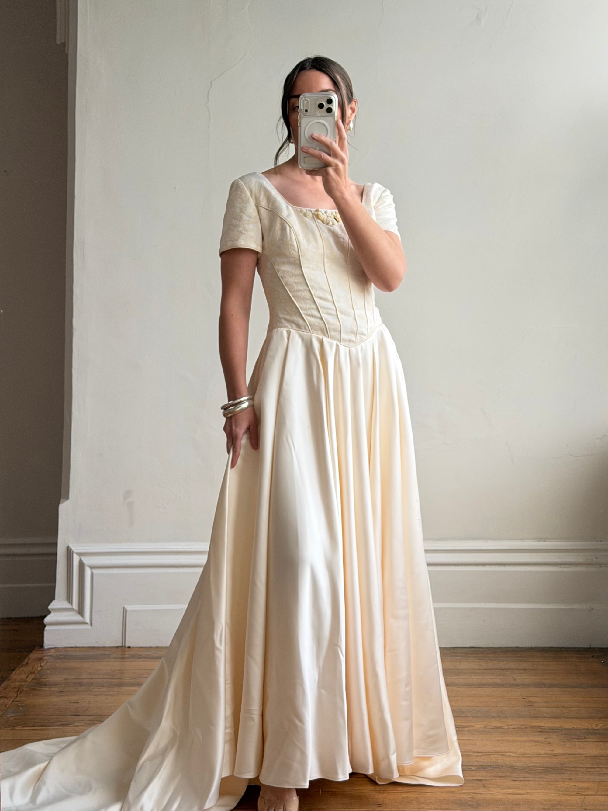 Vintage 90s Corset Satin Bridal Gown with Petite Rosettes