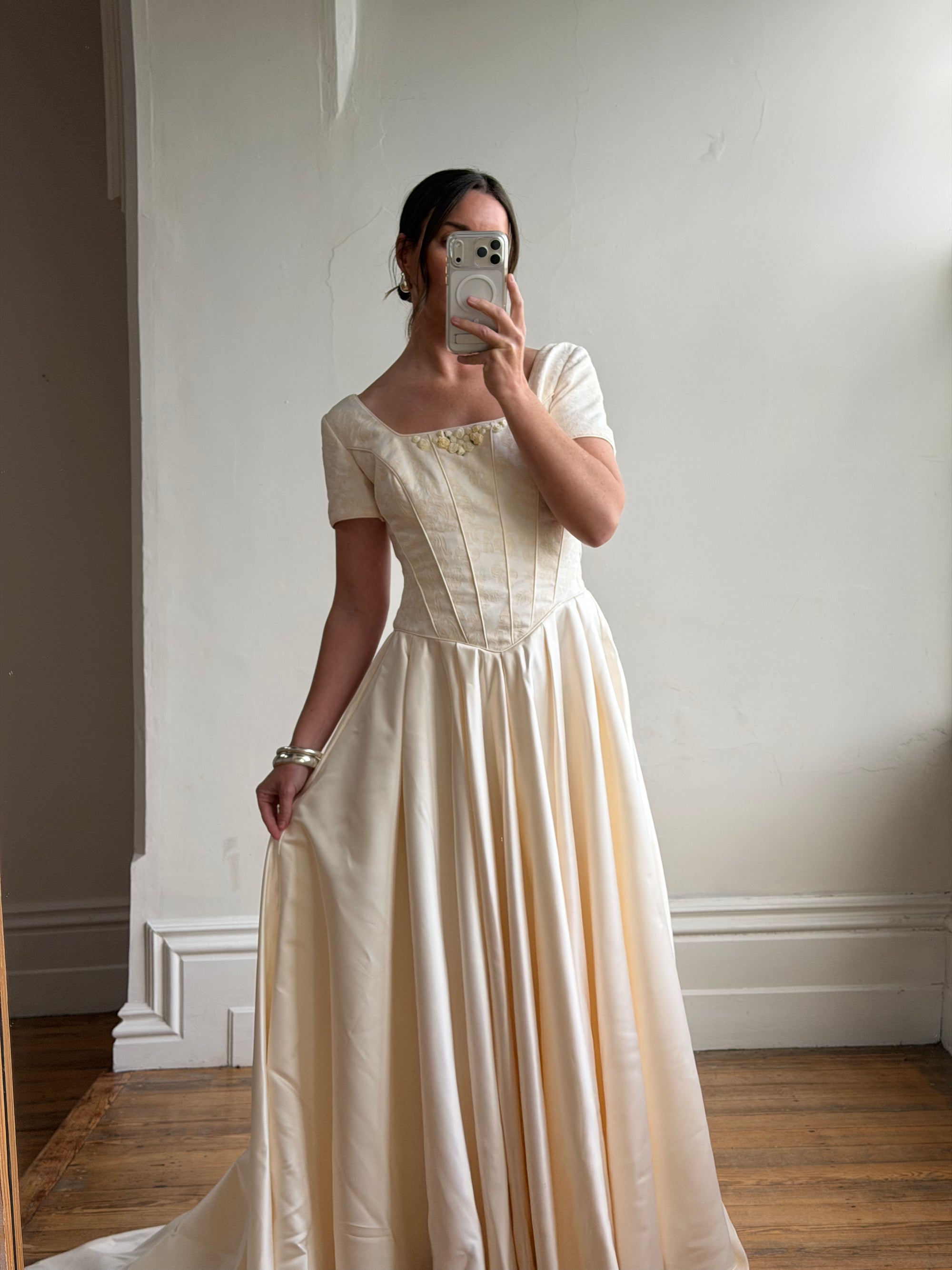 Vintage 90s Corset Satin Bridal Gown with Petite Rosettes