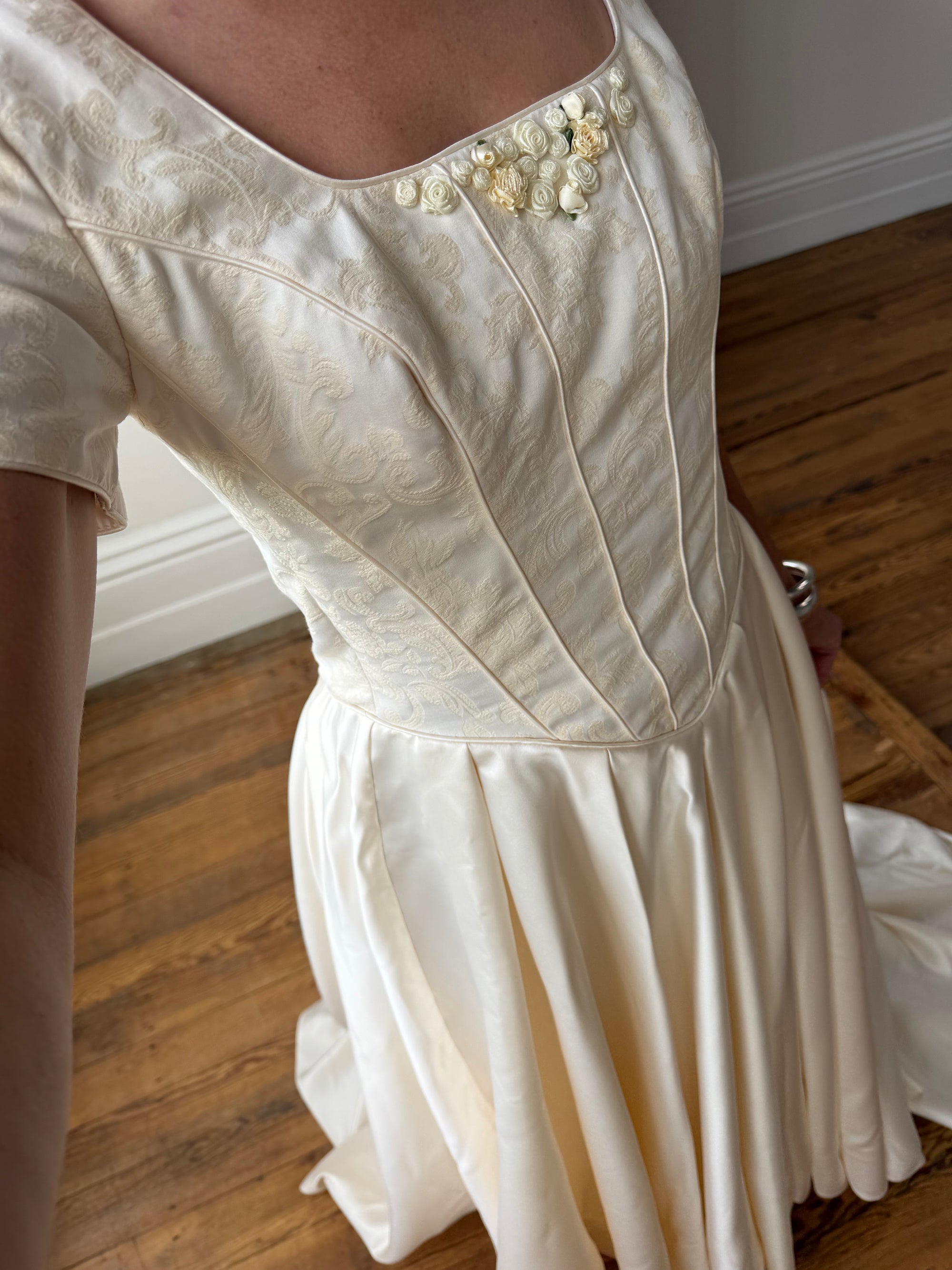 Vintage 90s Corset Satin Bridal Gown with Petite Rosettes