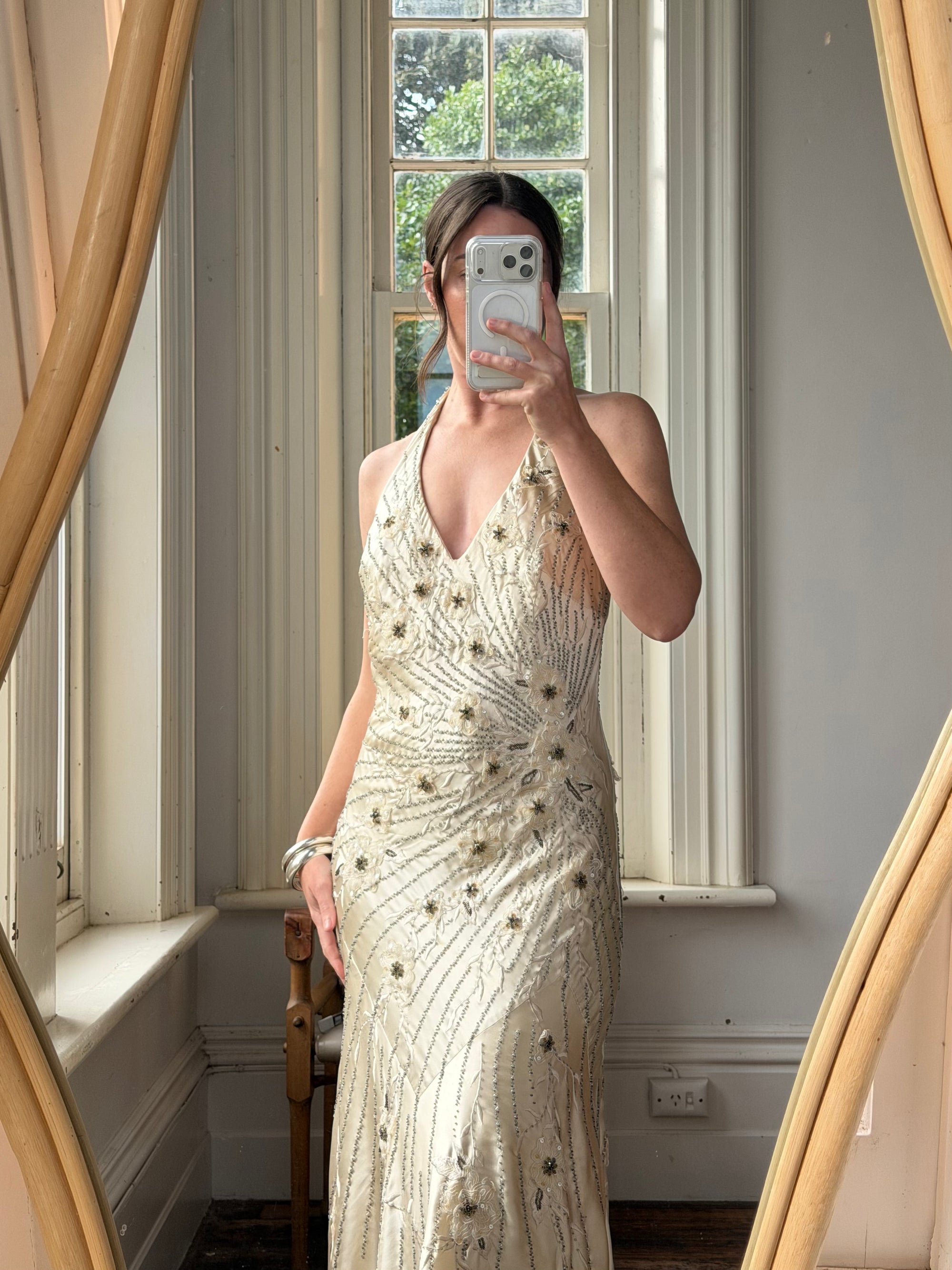 Vintage 90s Sunburst Sequin Halter Silk Backless Dress