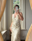 Vintage 90s Sunburst Sequin Halter Silk Backless Dress