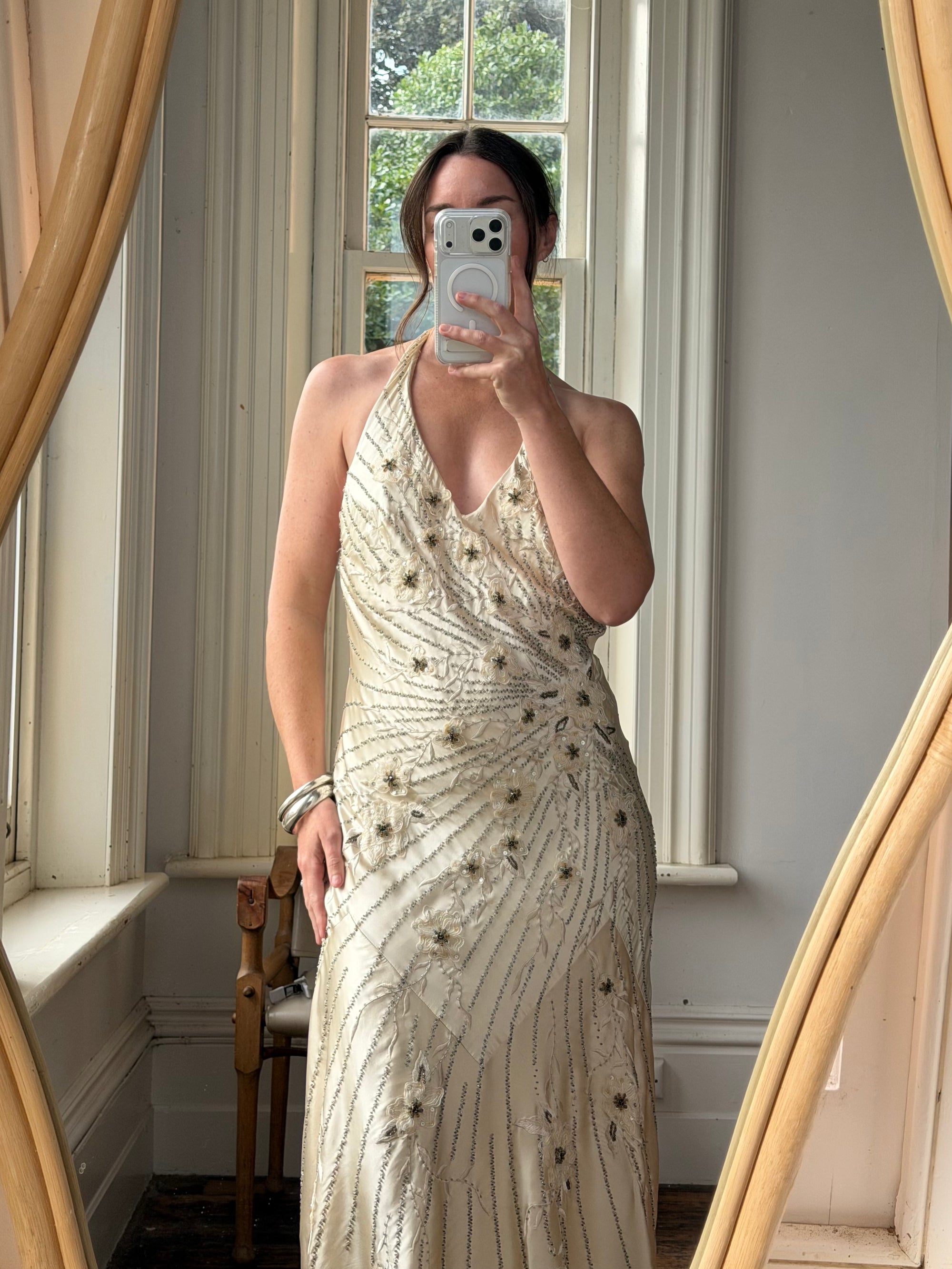 Vintage 90s Sunburst Sequin Halter Silk Backless Dress
