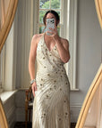 Vintage 90s Sunburst Sequin Halter Silk Backless Dress