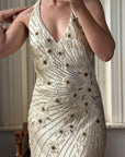 Vintage 90s Sunburst Sequin Halter Silk Backless Dress