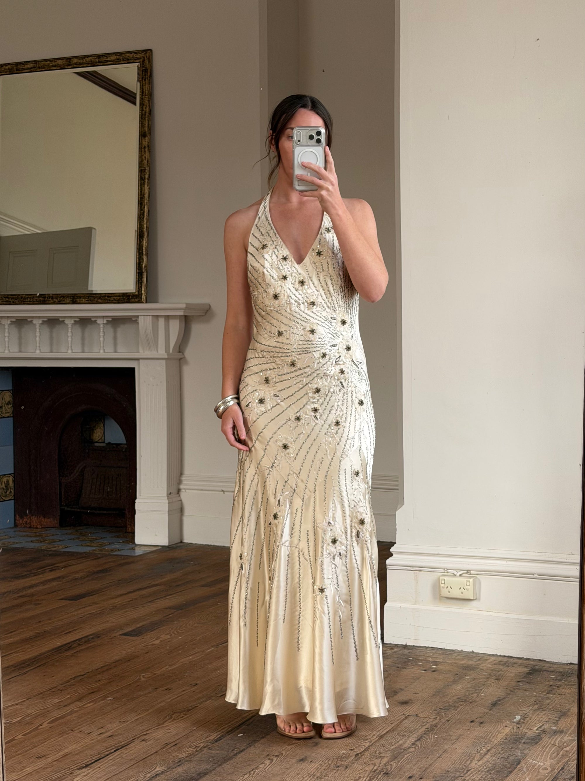Vintage 90s Sunburst Sequin Halter Silk Backless Dress