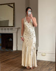 Vintage 90s Sunburst Sequin Halter Silk Backless Dress