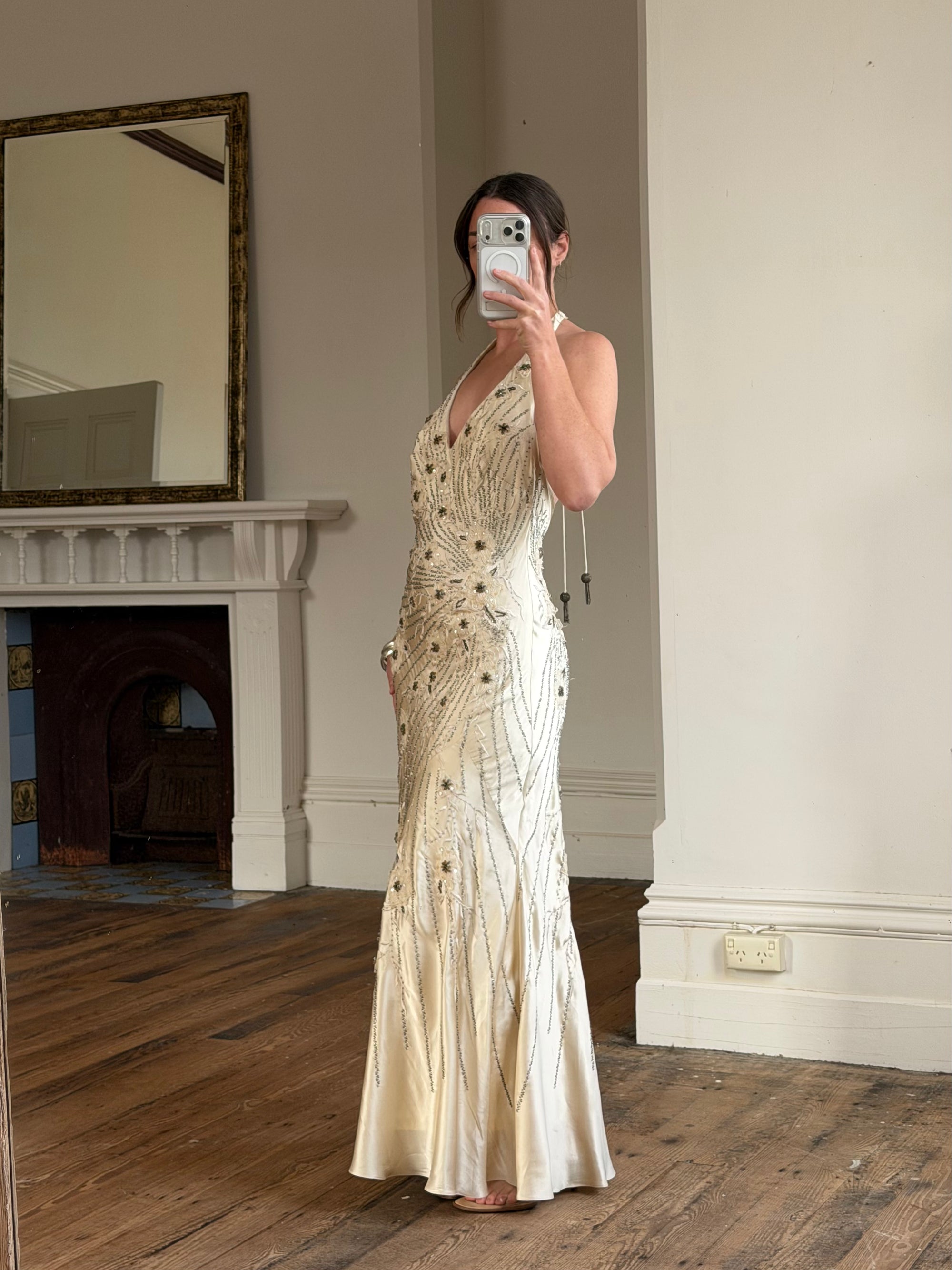 Vintage 90s Sunburst Sequin Halter Silk Backless Dress