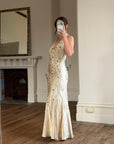 Vintage 90s Sunburst Sequin Halter Silk Backless Dress