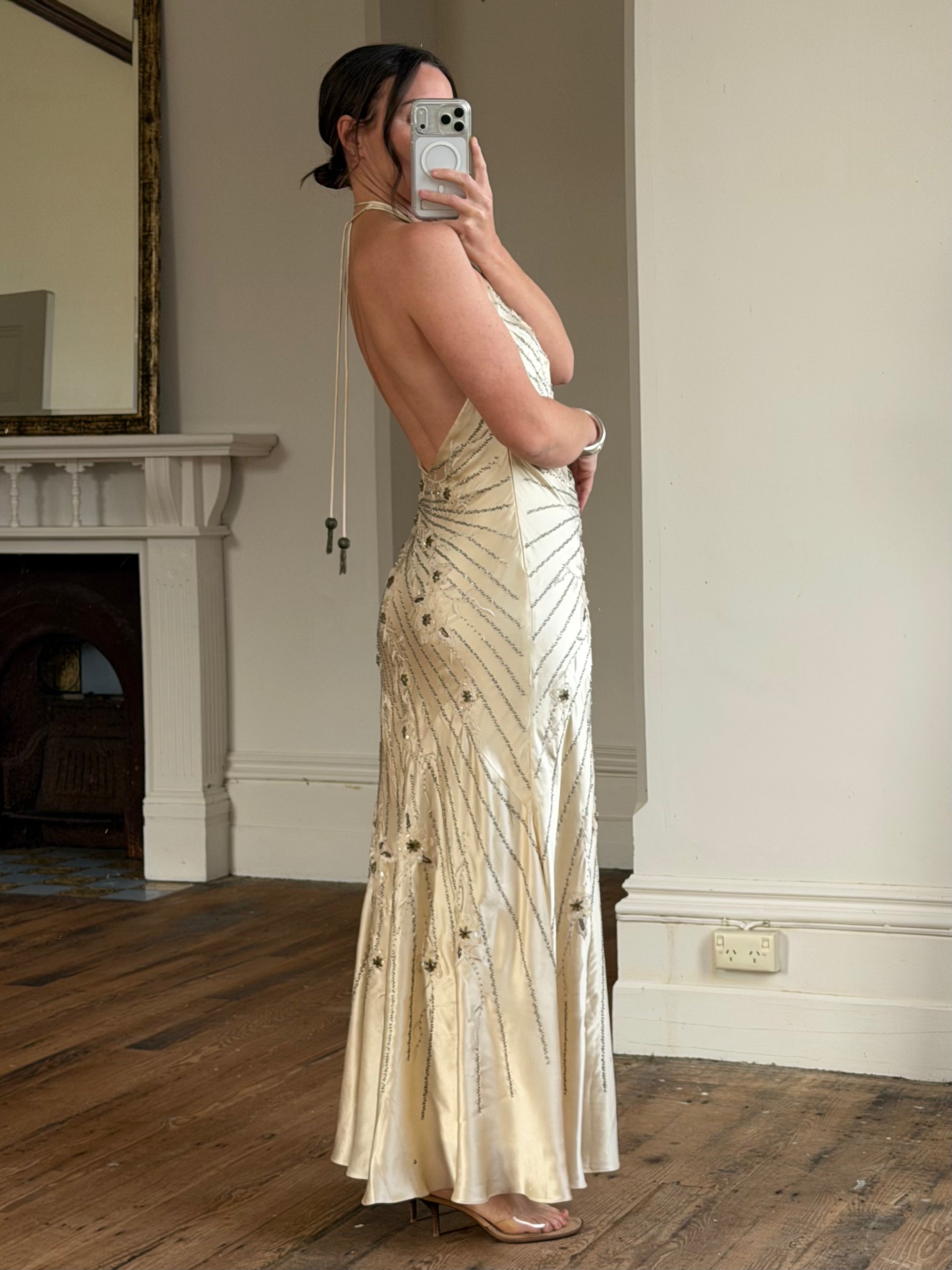 Vintage 90s Sunburst Sequin Halter Silk Backless Dress