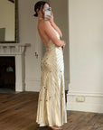 Vintage 90s Sunburst Sequin Halter Silk Backless Dress