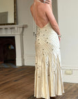 Vintage 90s Sunburst Sequin Halter Silk Backless Dress