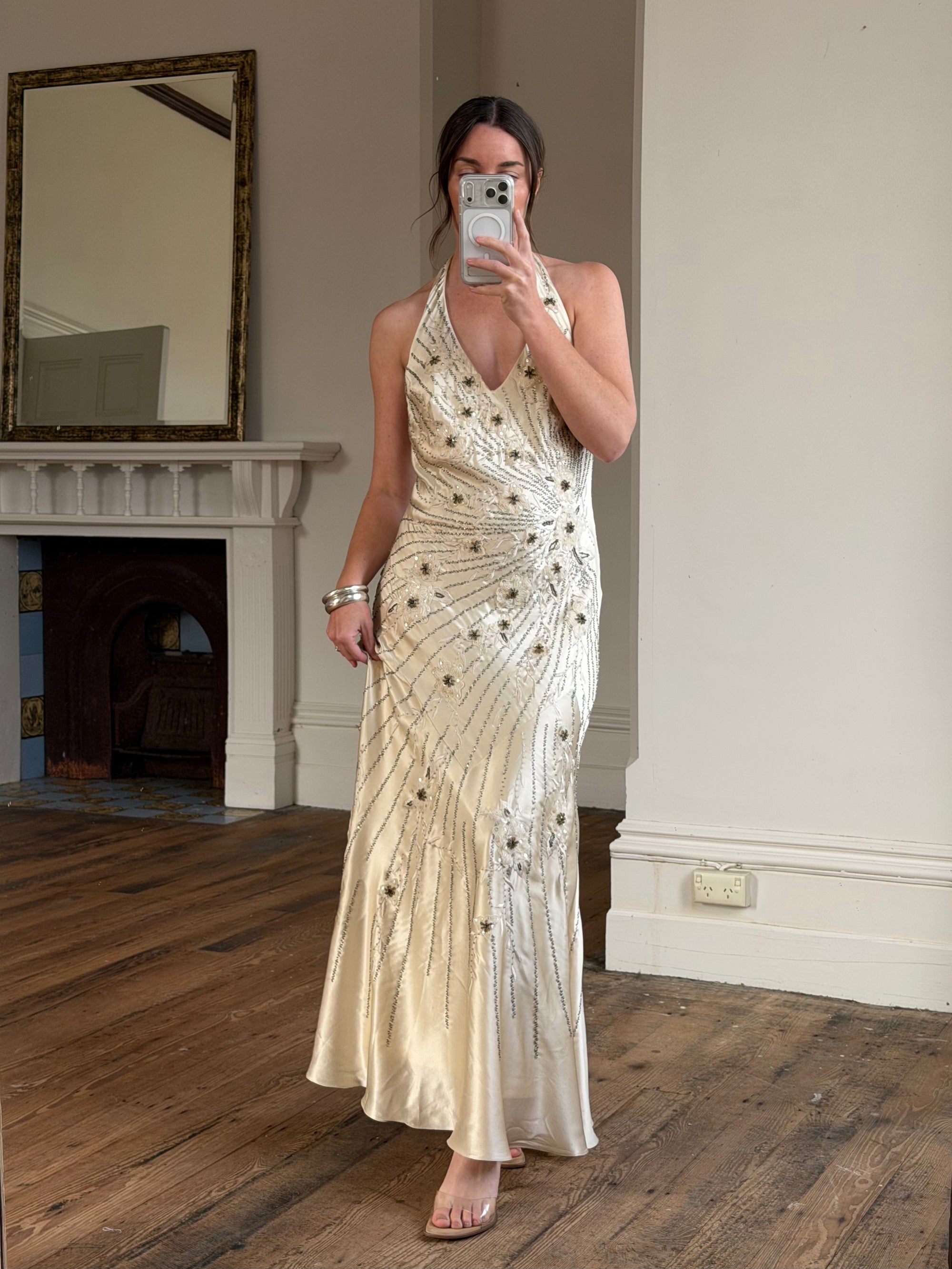 Vintage 90s Sunburst Sequin Halter Silk Backless Dress