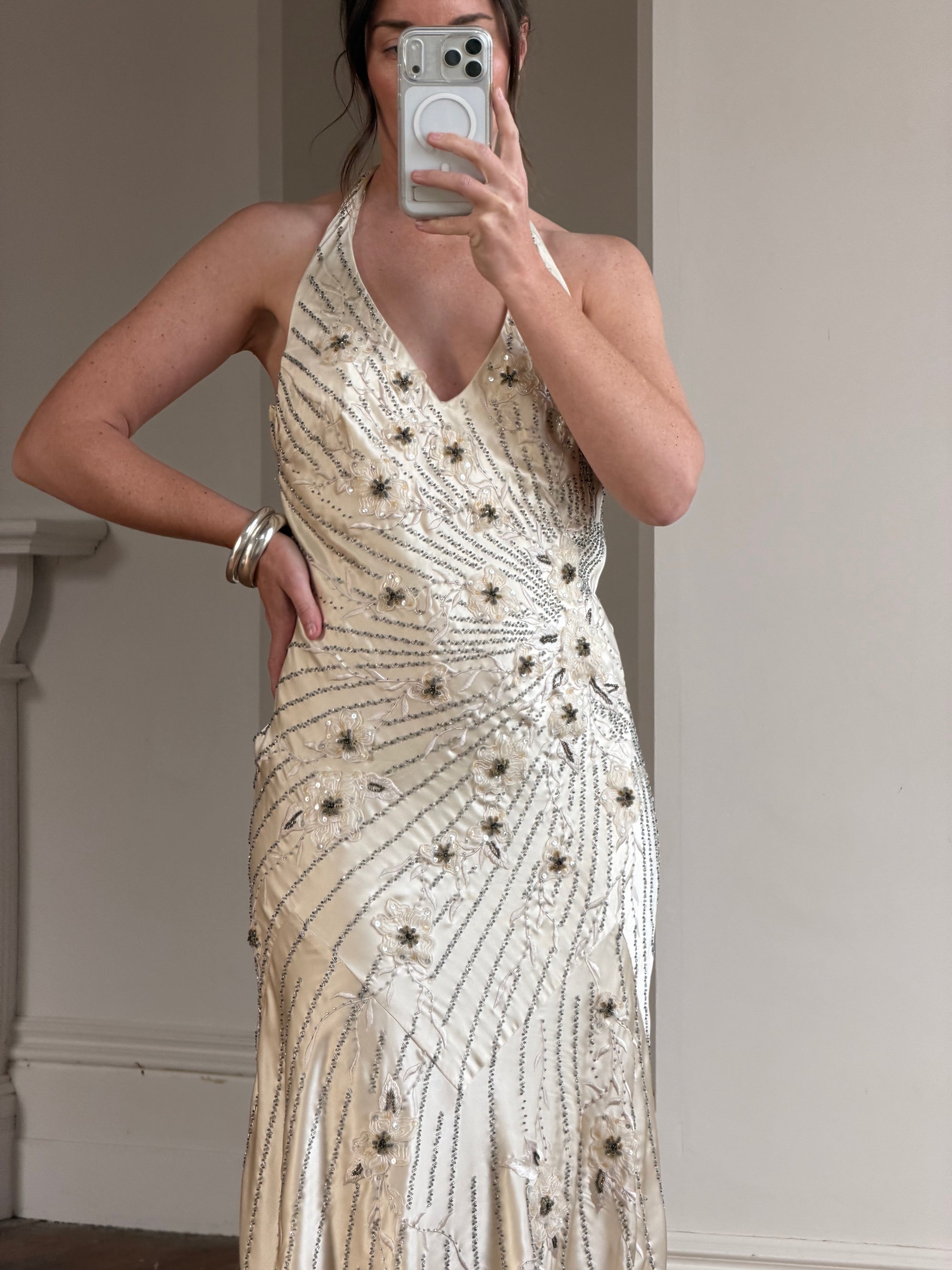 Vintage 90s Sunburst Sequin Halter Silk Backless Dress