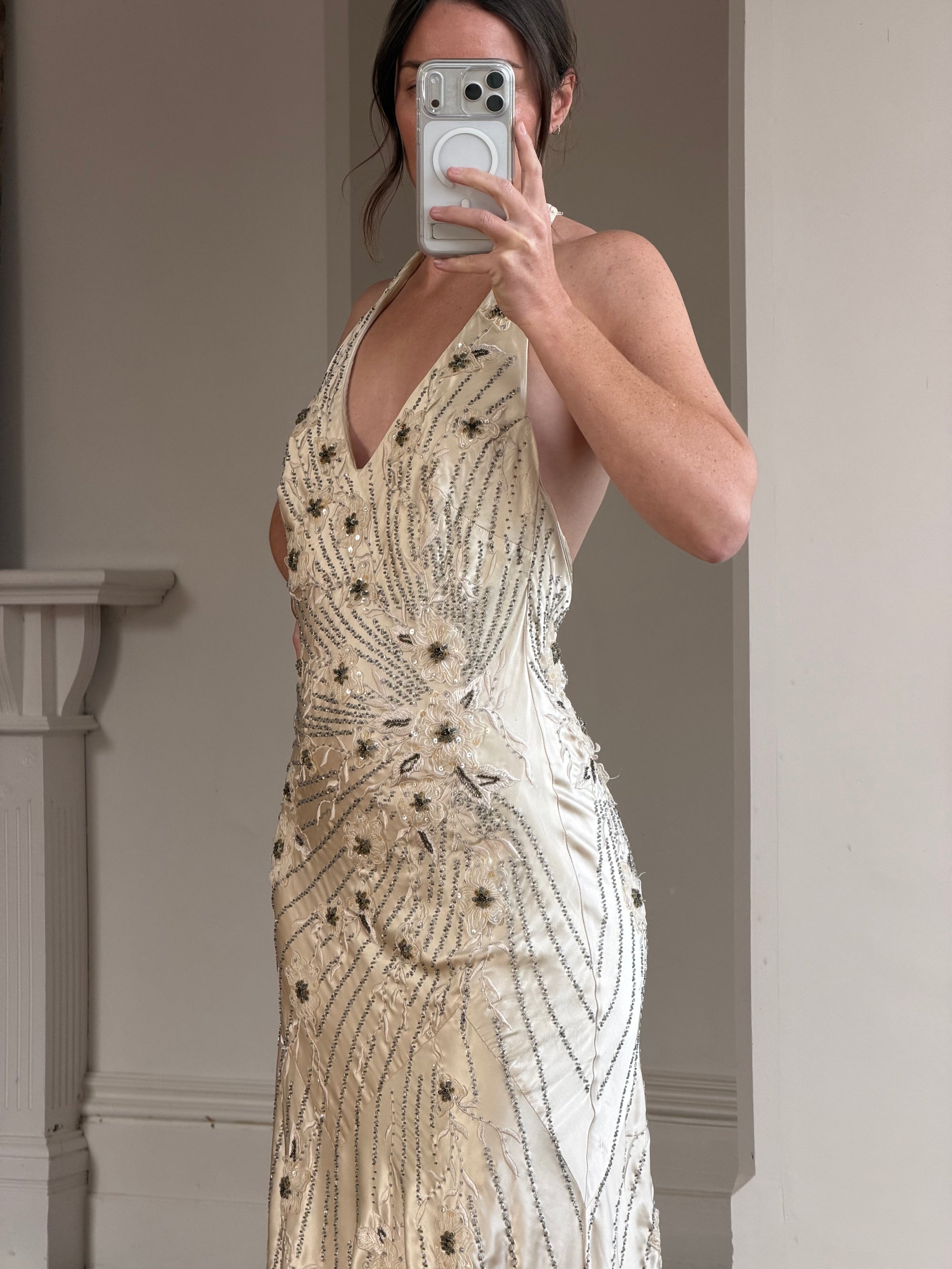 Vintage 90s Sunburst Sequin Halter Silk Backless Dress