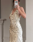 Vintage 90s Sunburst Sequin Halter Silk Backless Dress