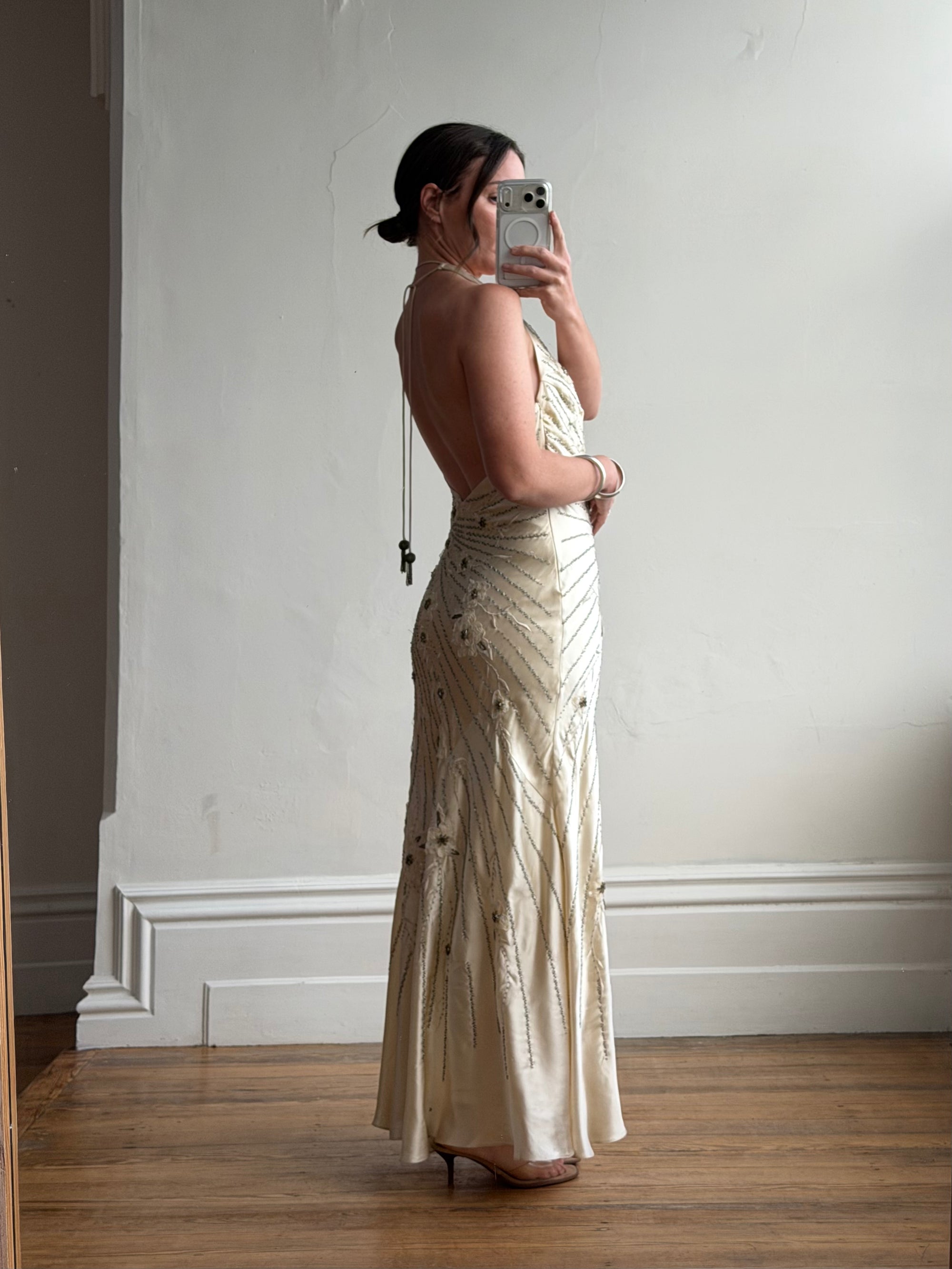 Vintage 90s Sunburst Sequin Halter Silk Backless Dress
