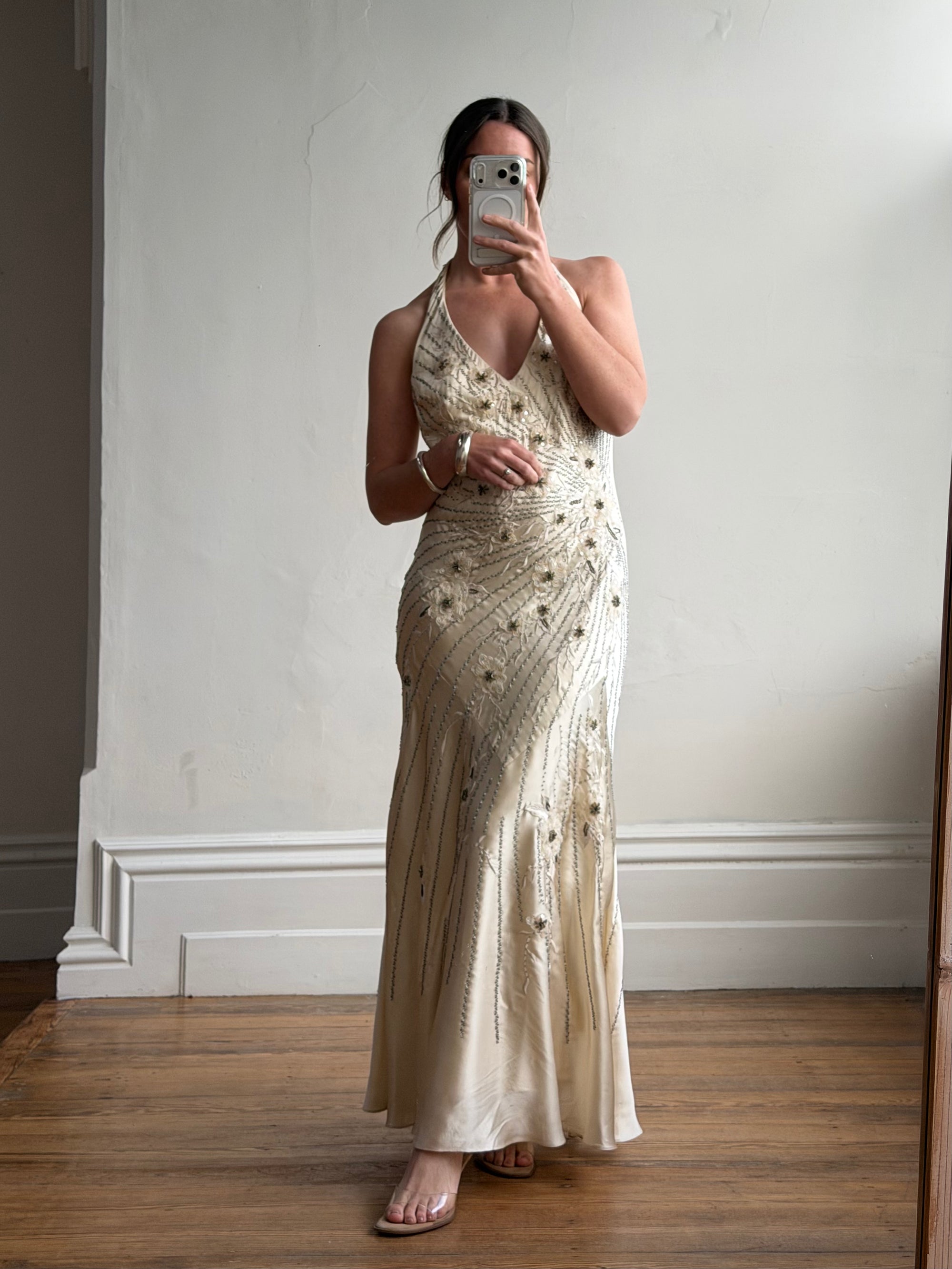 Vintage 90s Sunburst Sequin Halter Silk Backless Dress