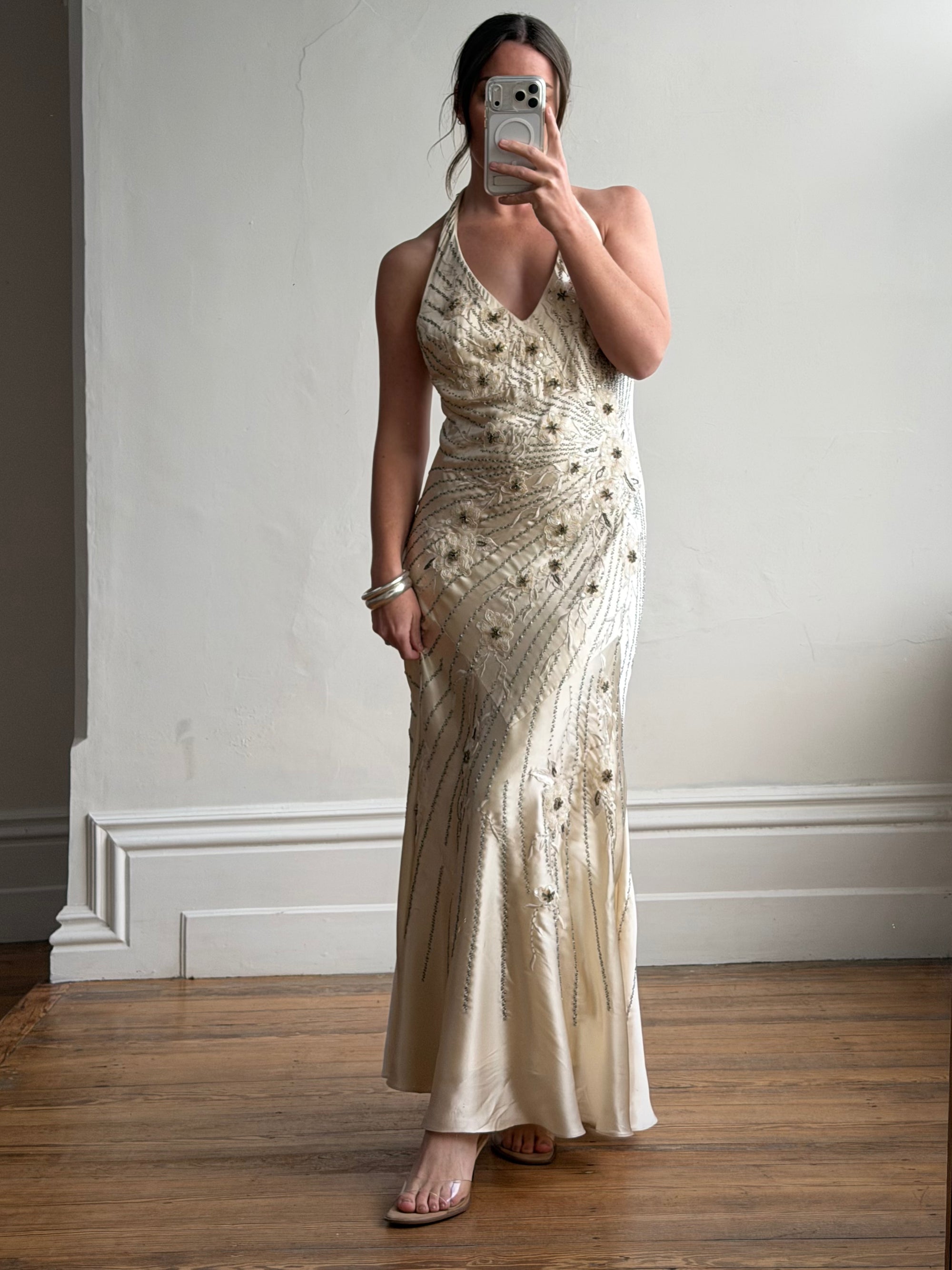Vintage 90s Sunburst Sequin Halter Silk Backless Dress