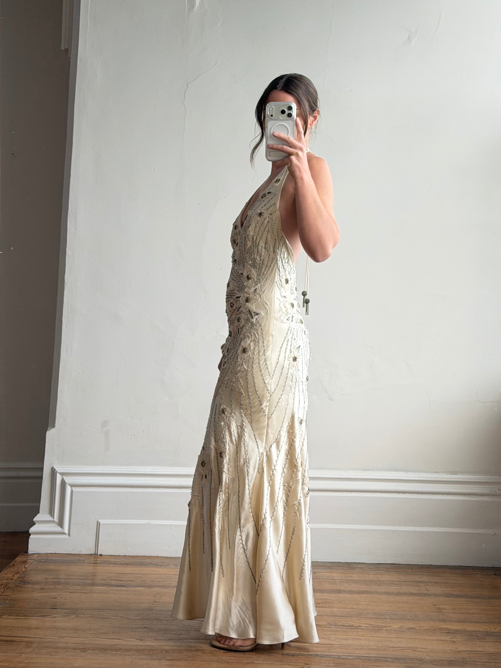Vintage 90s Sunburst Sequin Halter Silk Backless Dress