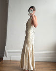 Vintage 90s Sunburst Sequin Halter Silk Backless Dress