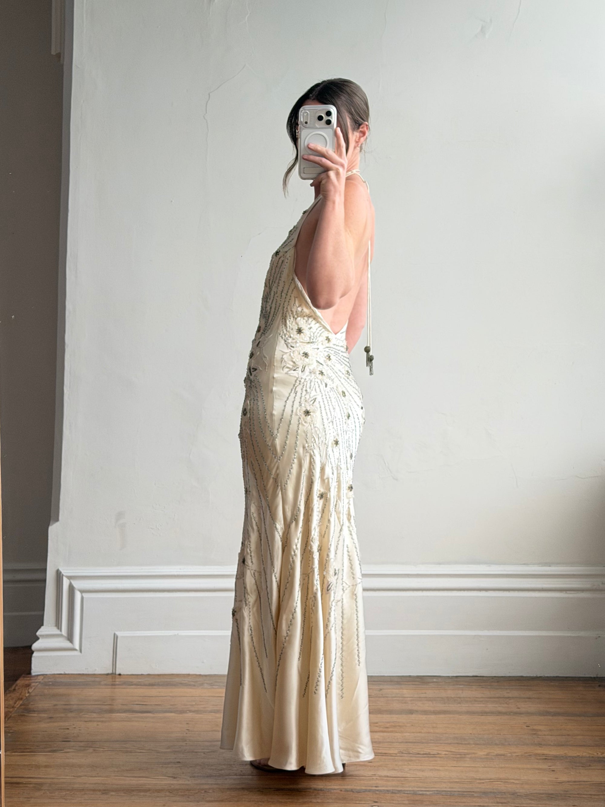 Vintage 90s Sunburst Sequin Halter Silk Backless Dress