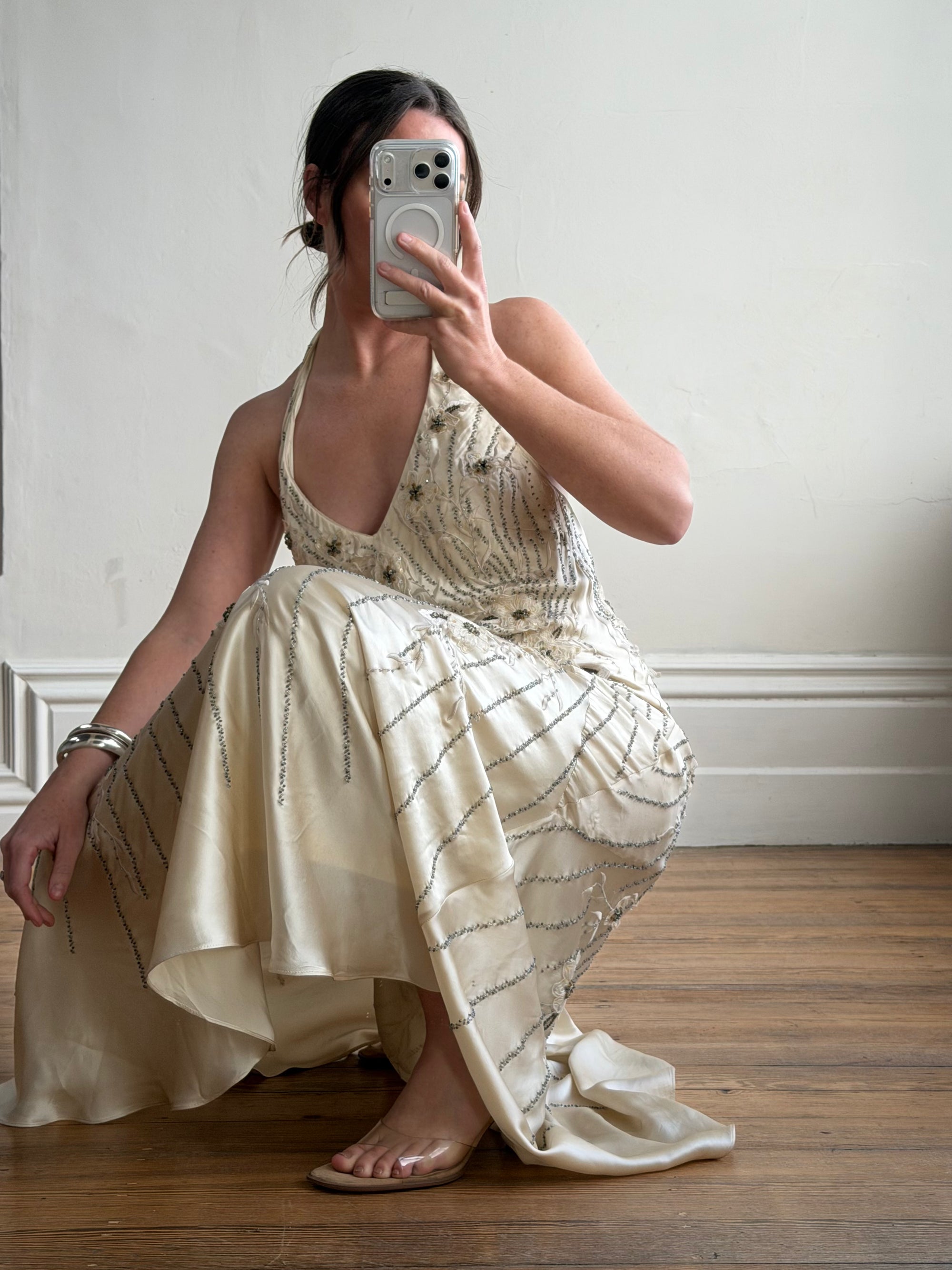 Vintage 90s Sunburst Sequin Halter Silk Backless Dress