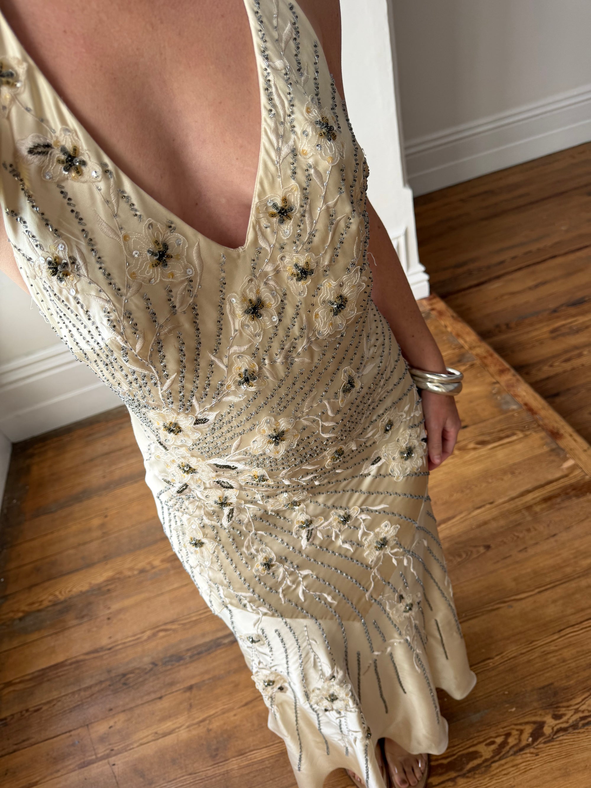 Vintage 90s Sunburst Sequin Halter Silk Backless Dress
