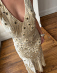 Vintage 90s Sunburst Sequin Halter Silk Backless Dress