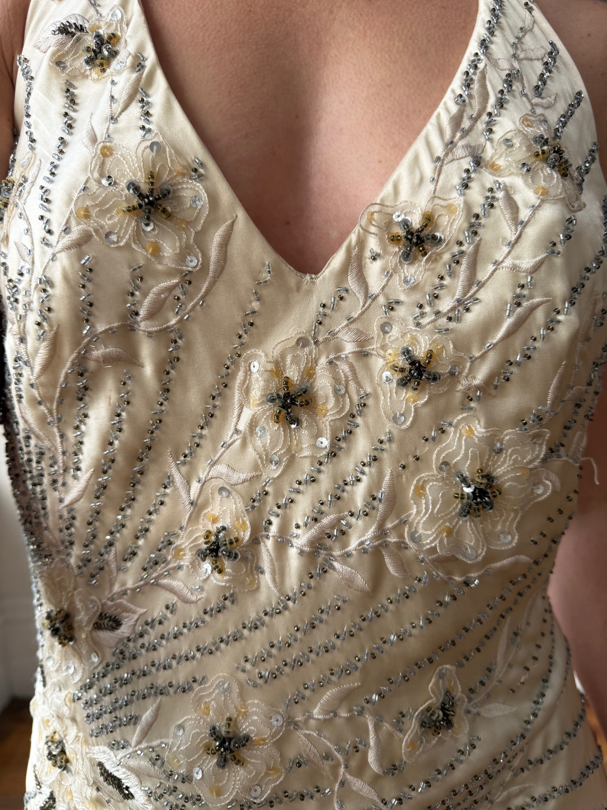 Vintage 90s Sunburst Sequin Halter Silk Backless Dress