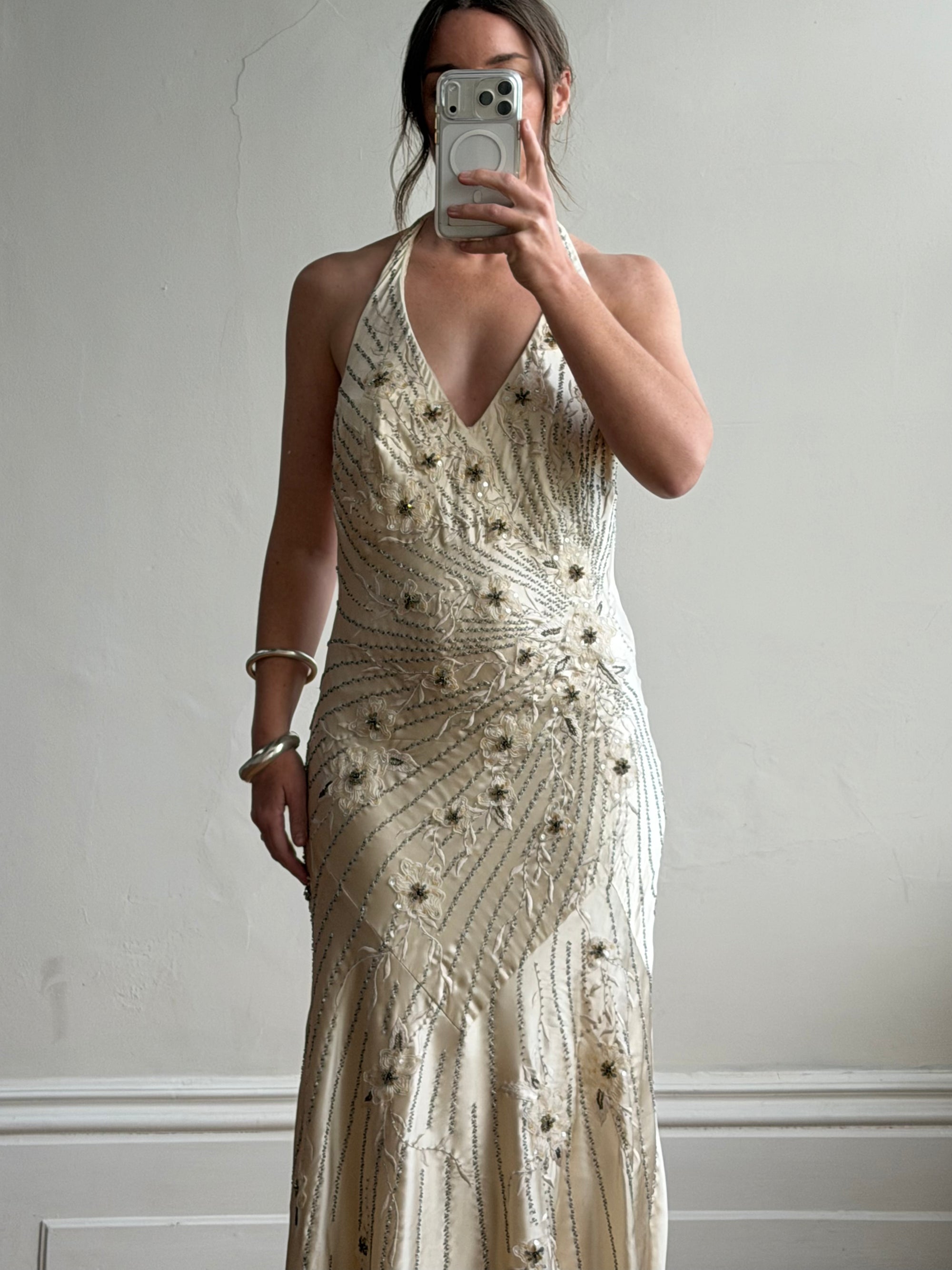 Vintage 90s Sunburst Sequin Halter Silk Backless Dress