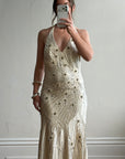 Vintage 90s Sunburst Sequin Halter Silk Backless Dress