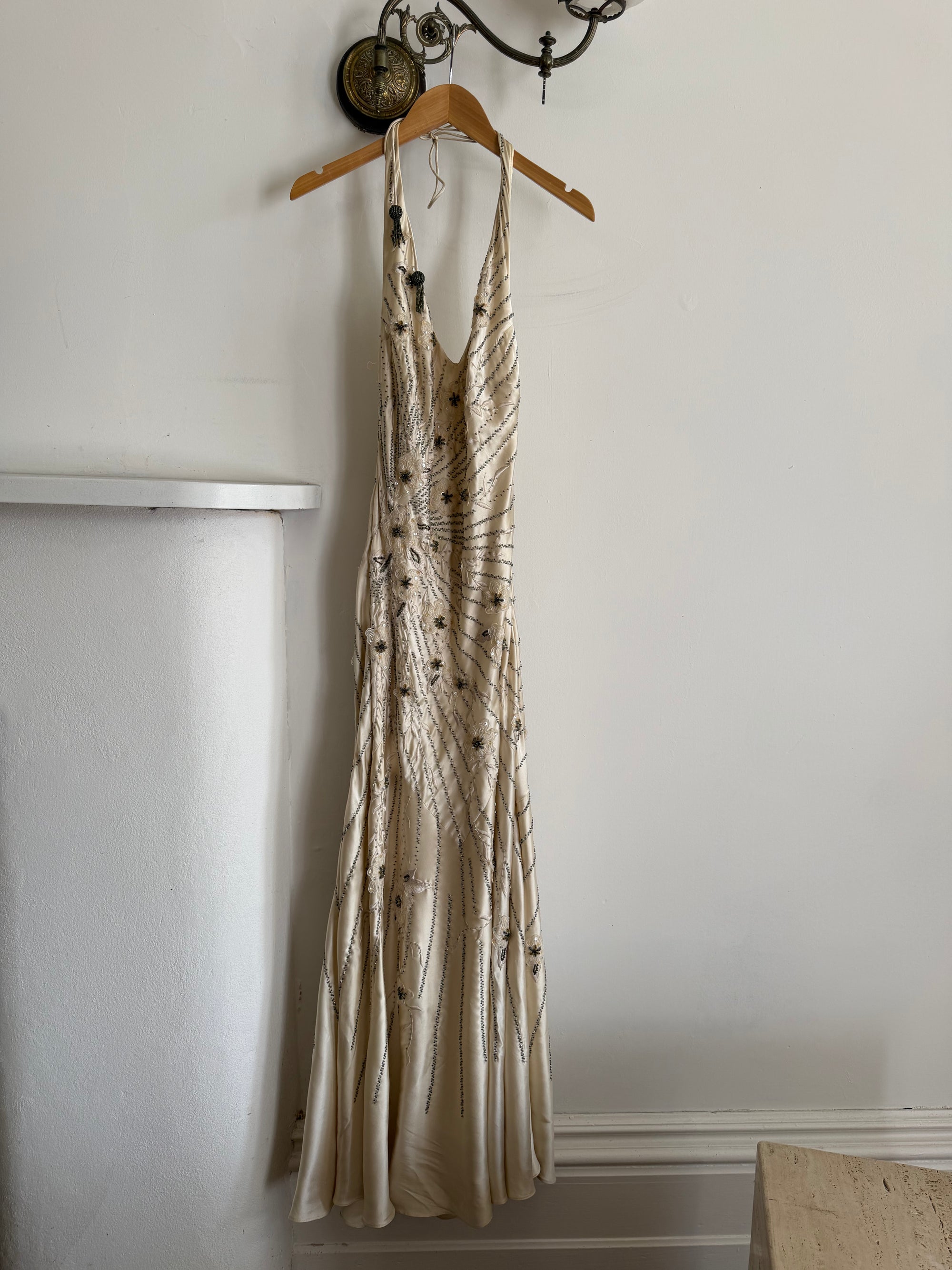 Vintage 90s Sunburst Sequin Halter Silk Backless Dress