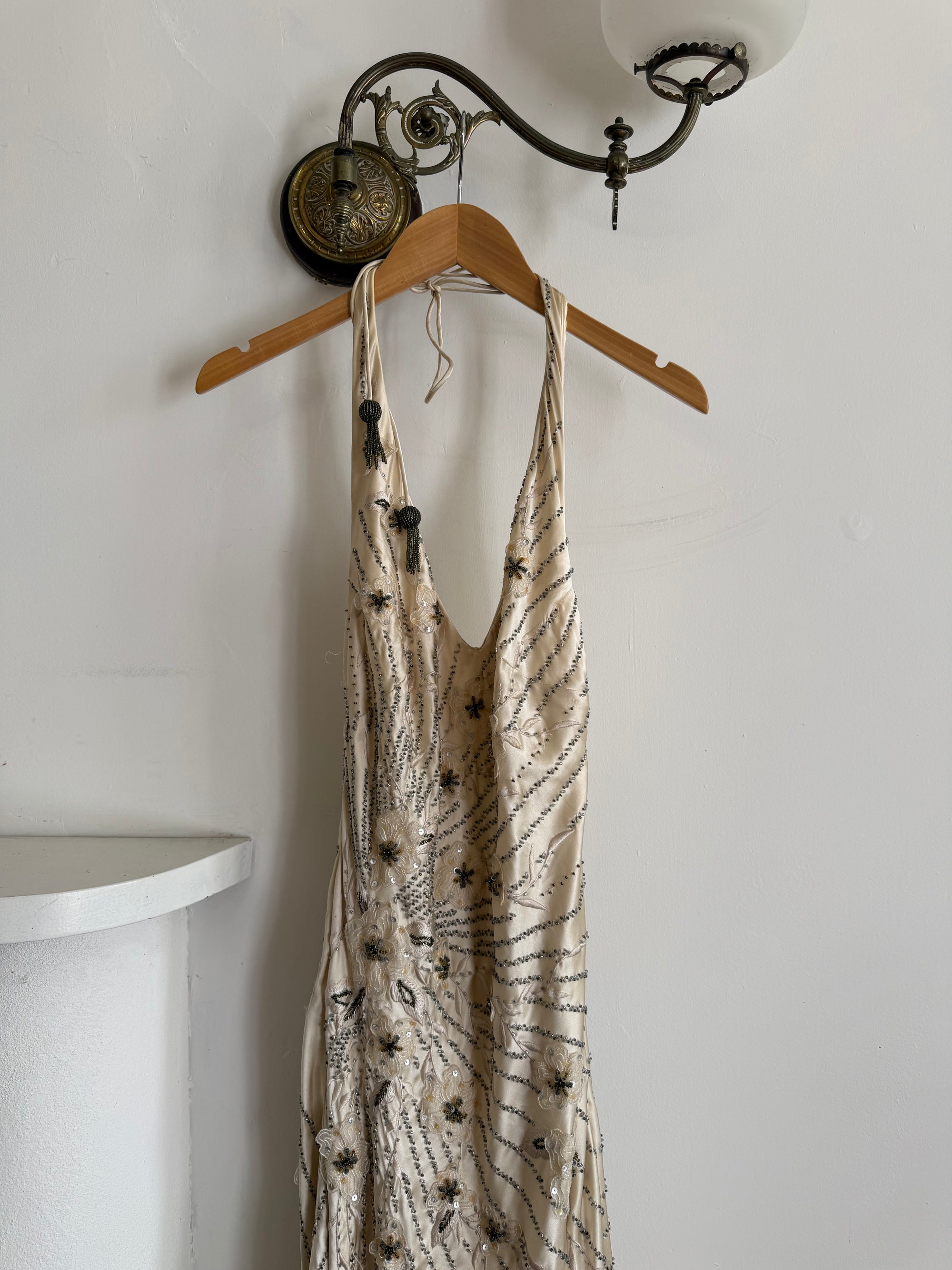 Vintage 90s Sunburst Sequin Halter Silk Backless Dress