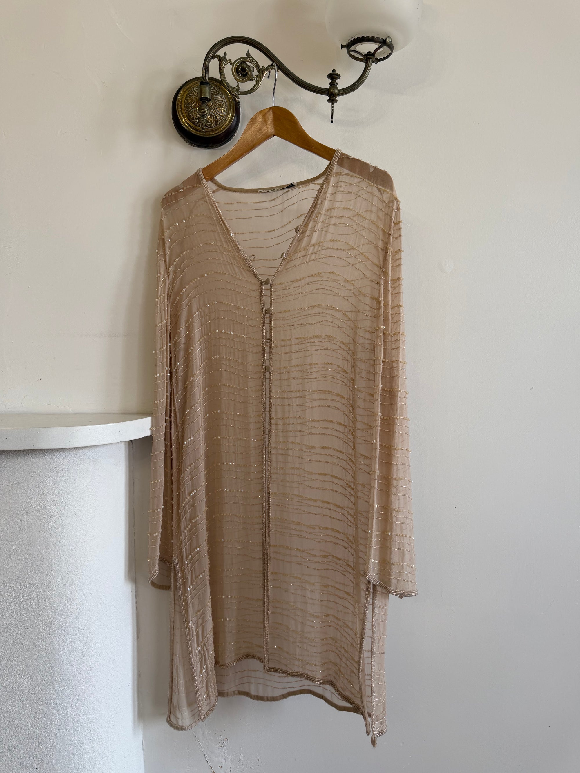 Vintage 90s Sheer Silk Beaded Button Front Top Creme
