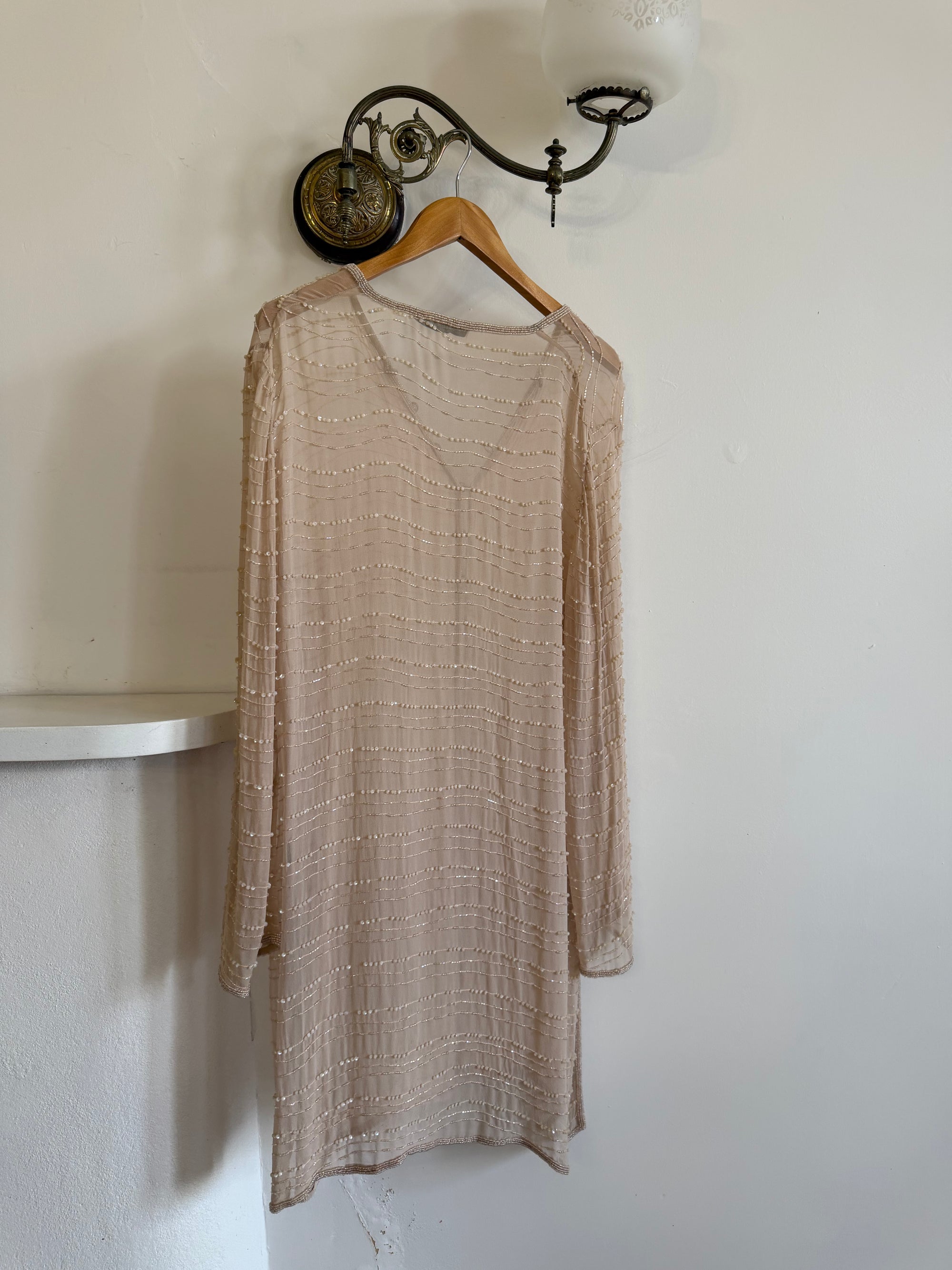 Vintage 90s Sheer Silk Beaded Button Front Top Creme