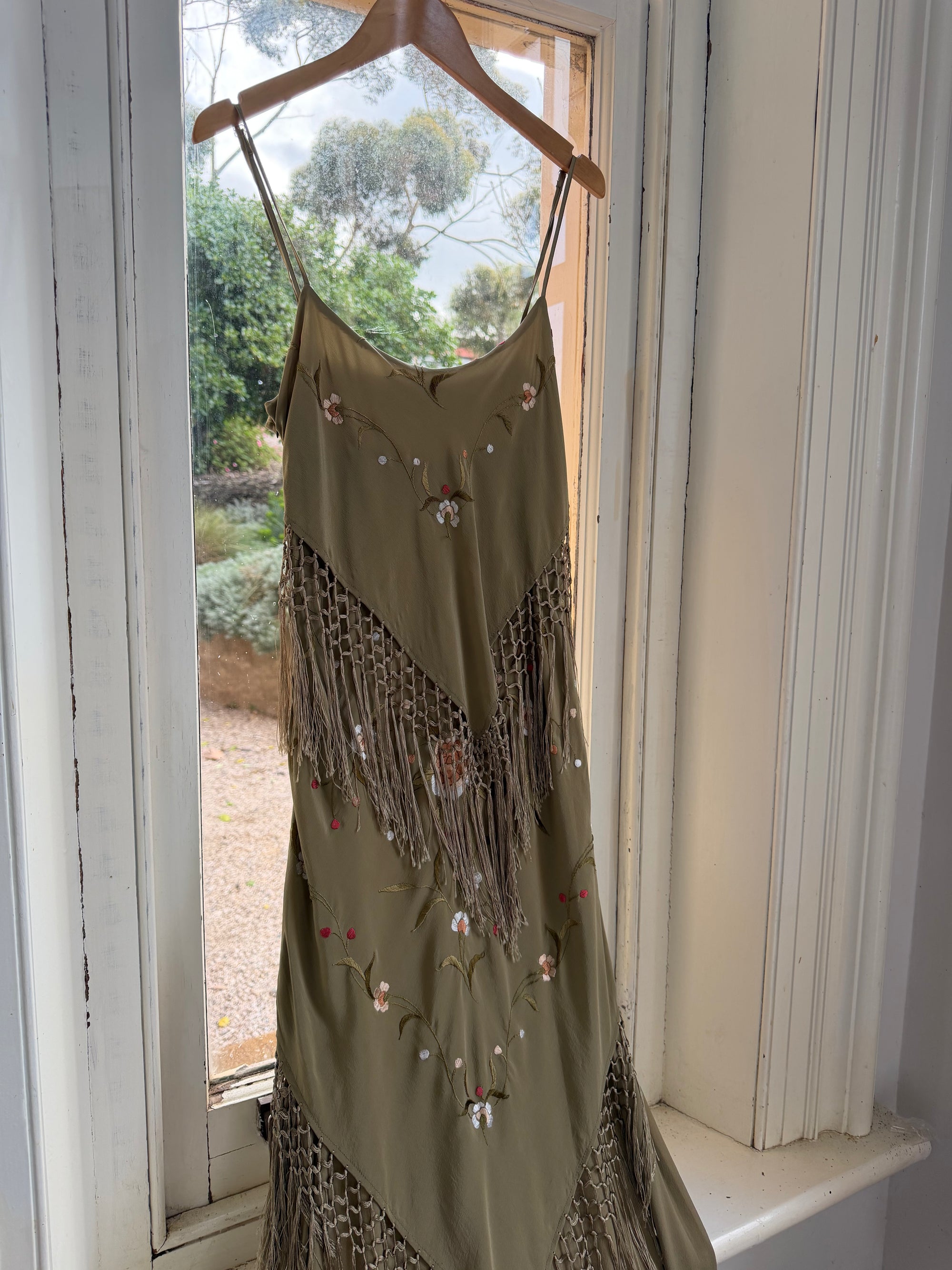 Vintage 90s Pure Silk Embroidered Fringe Maxi Dress Khaki