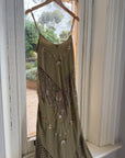 Vintage 90s Pure Silk Embroidered Fringe Maxi Dress Khaki