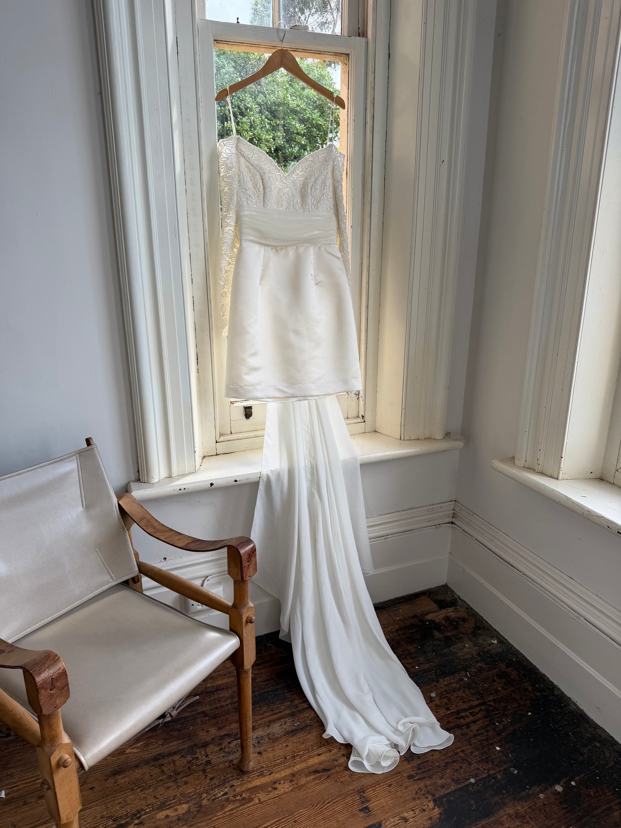 Vintage Off Shoulder Lace Satin Bridal Mini with Train