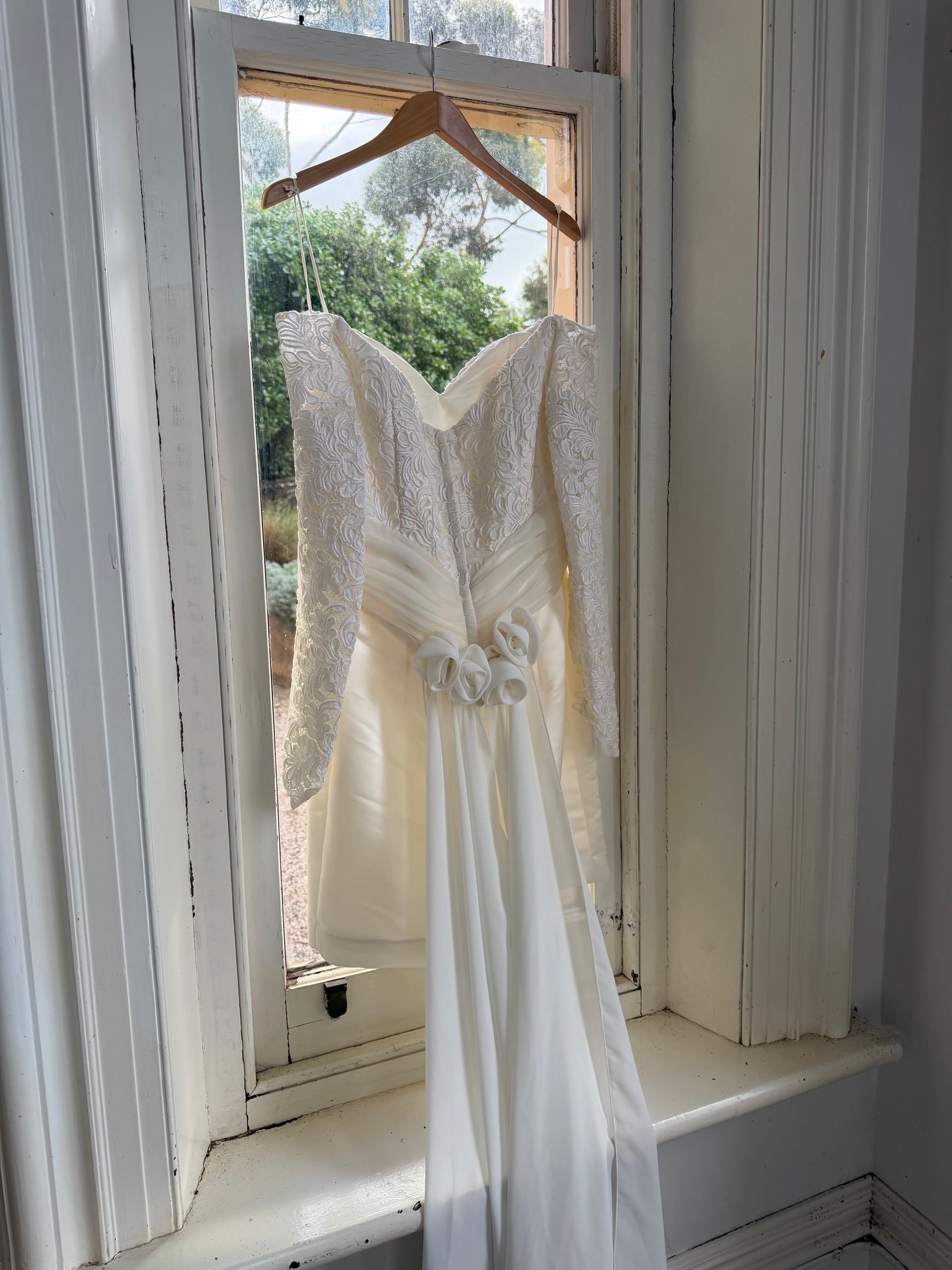 Vintage Off Shoulder Lace Satin Bridal Mini with Train