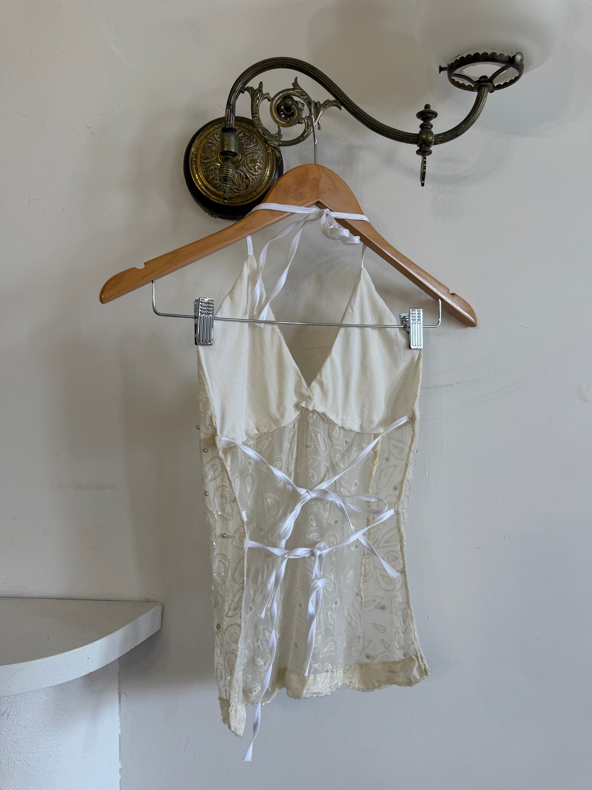 Vintage Y2K Beaded Silk Halter Top Ivory
