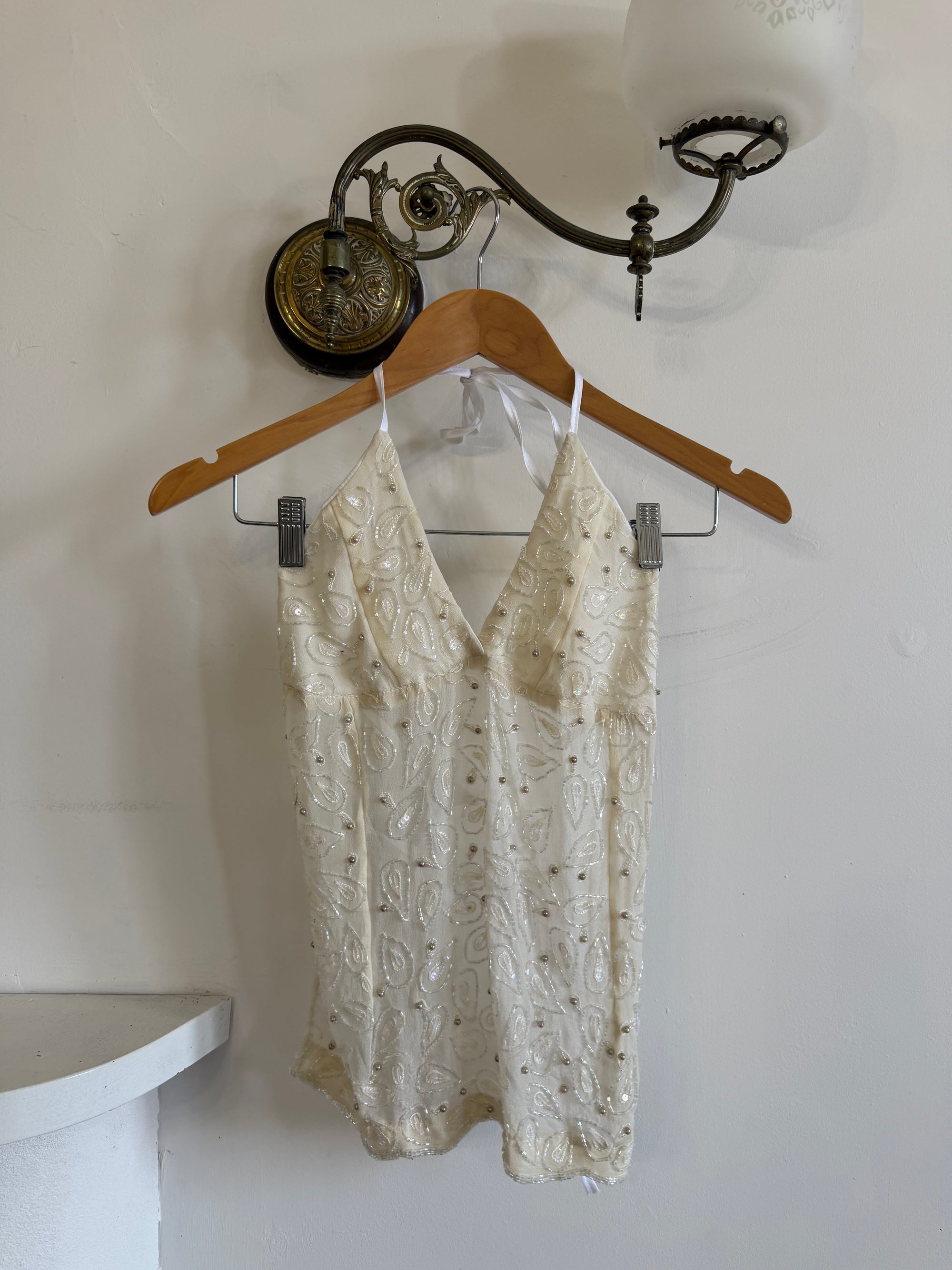 Vintage Y2K Beaded Silk Halter Top Ivory