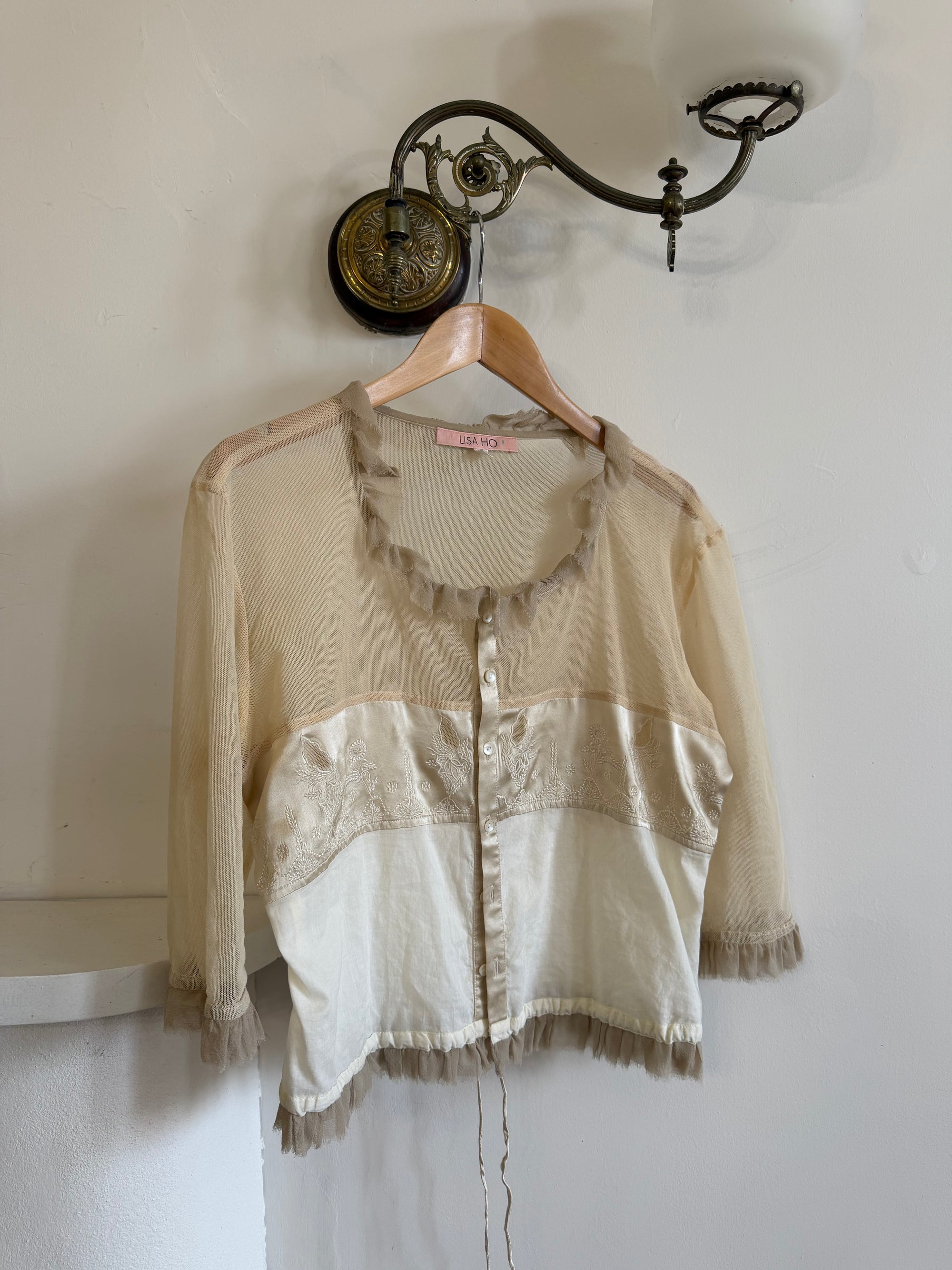 Vintage 90s Silk Ruffle Embroidered Blouse Creme