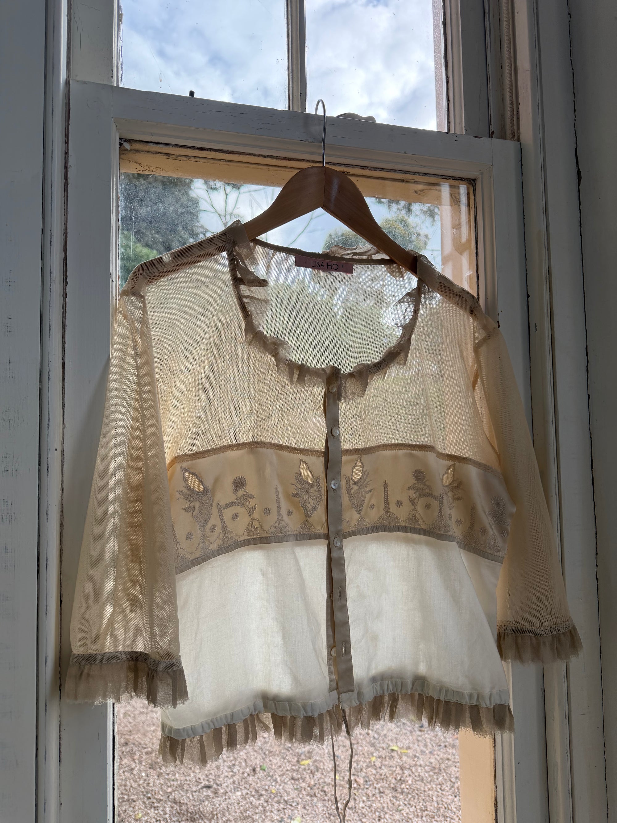 Vintage 90s Silk Ruffle Embroidered Blouse Creme