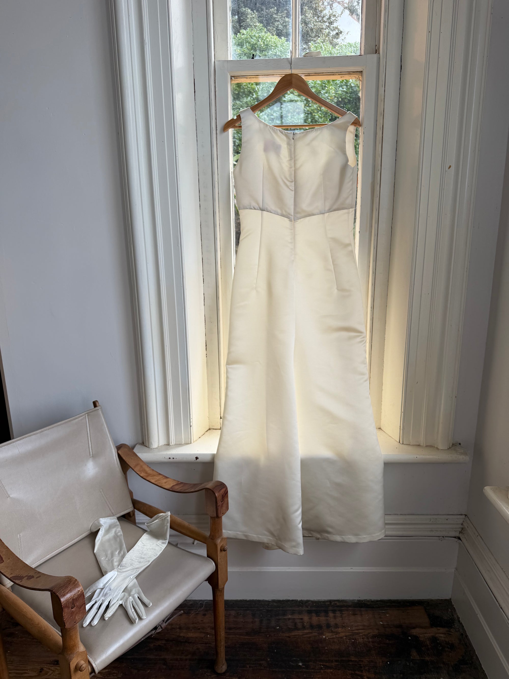 Vintage 90s White Satin Column Bridal Dress with Gloves