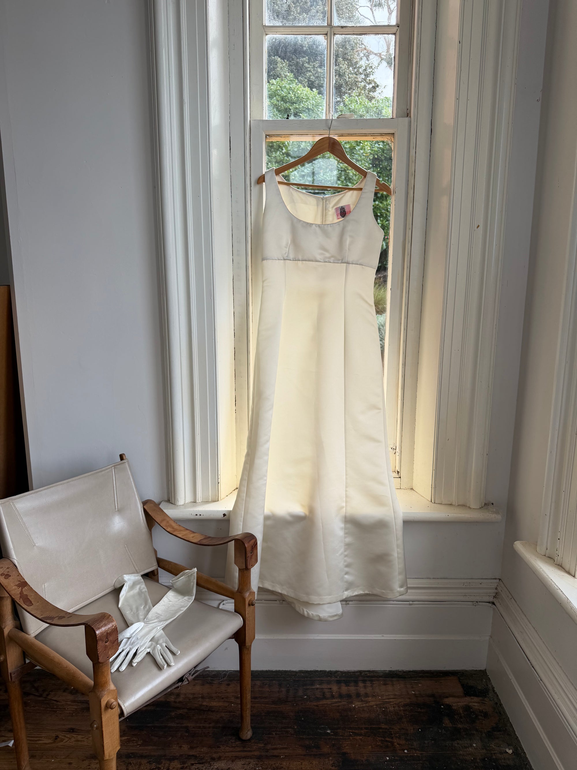 Vintage 90s White Satin Column Bridal Dress with Gloves
