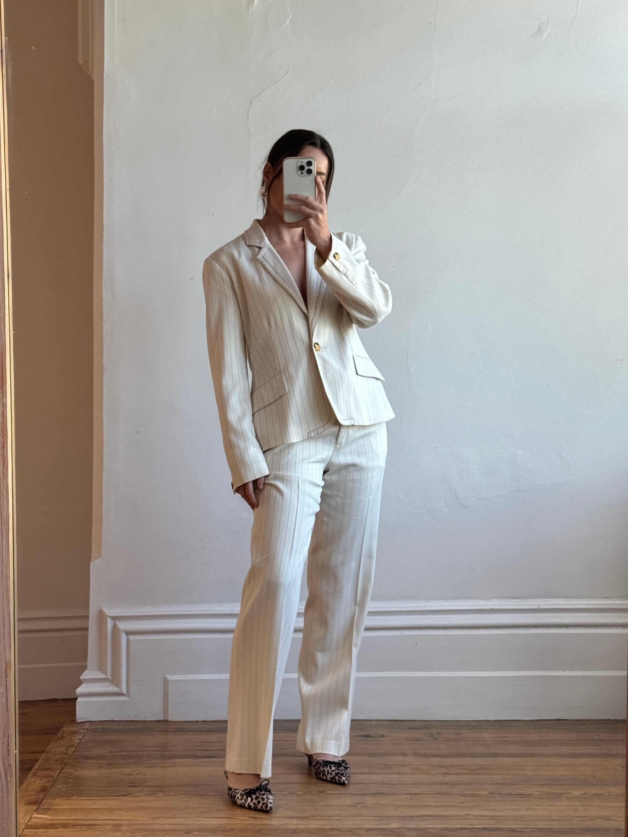 Vintage 90s Cream Pinstripe Tailored Suit