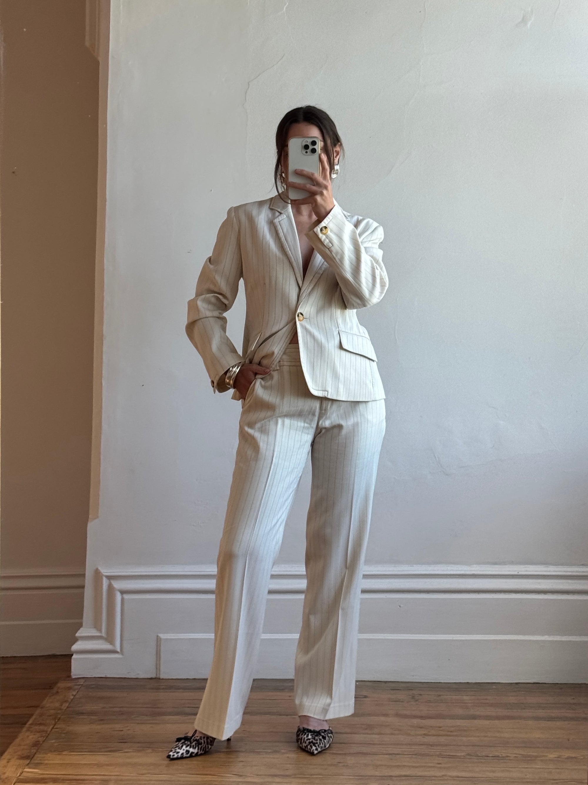 Vintage 90s Cream Pinstripe Tailored Suit